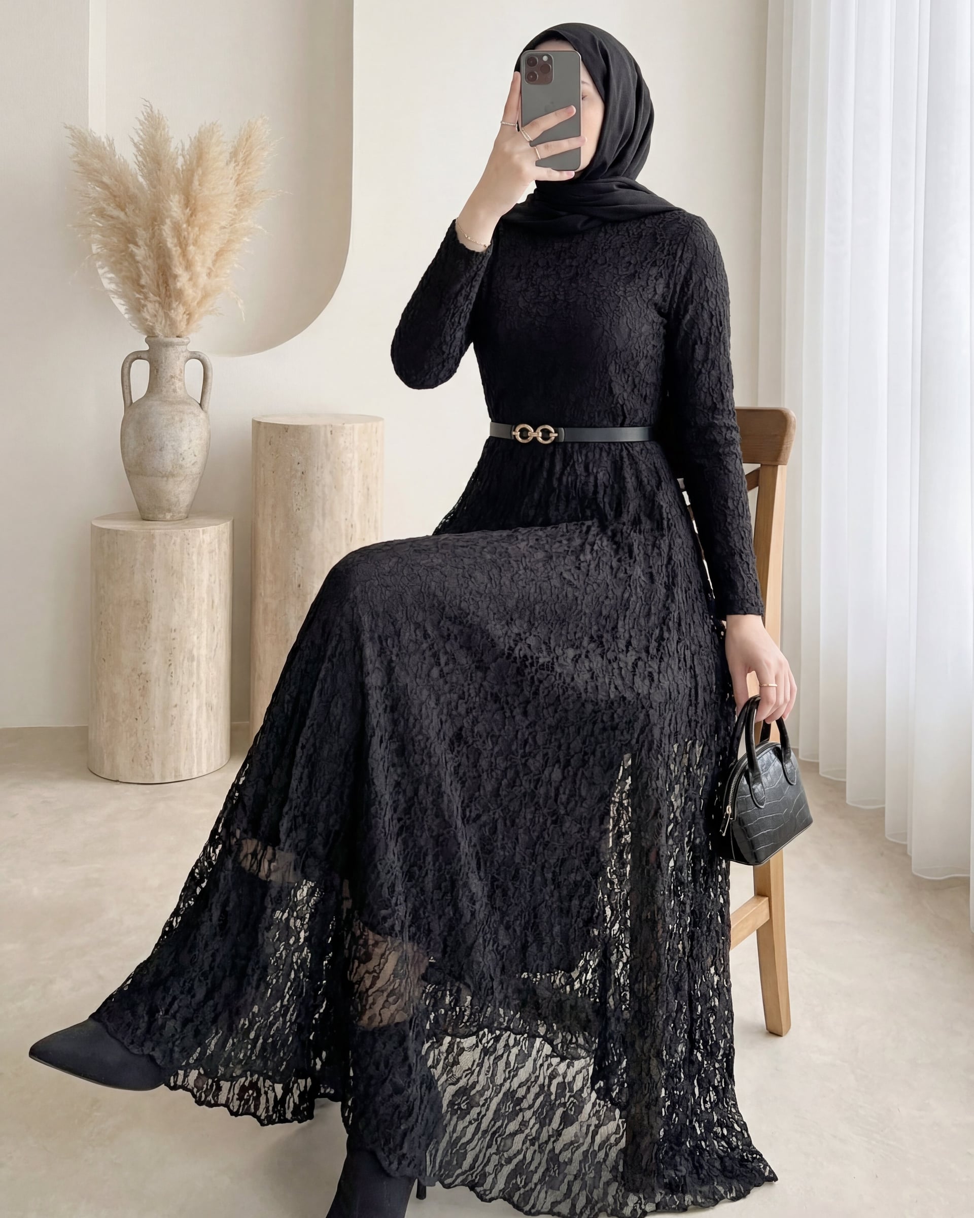 Belted Lined Lace Dress - Black - Podyumplus - by Peralane - photo 2