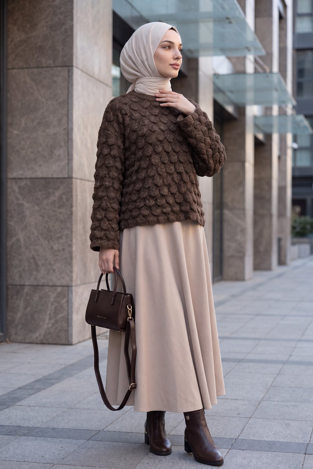 Crew Neck Fish Scale Pattern Oversized Knit Sweater - Brown - Podyumplus - by Peralane - photo 4