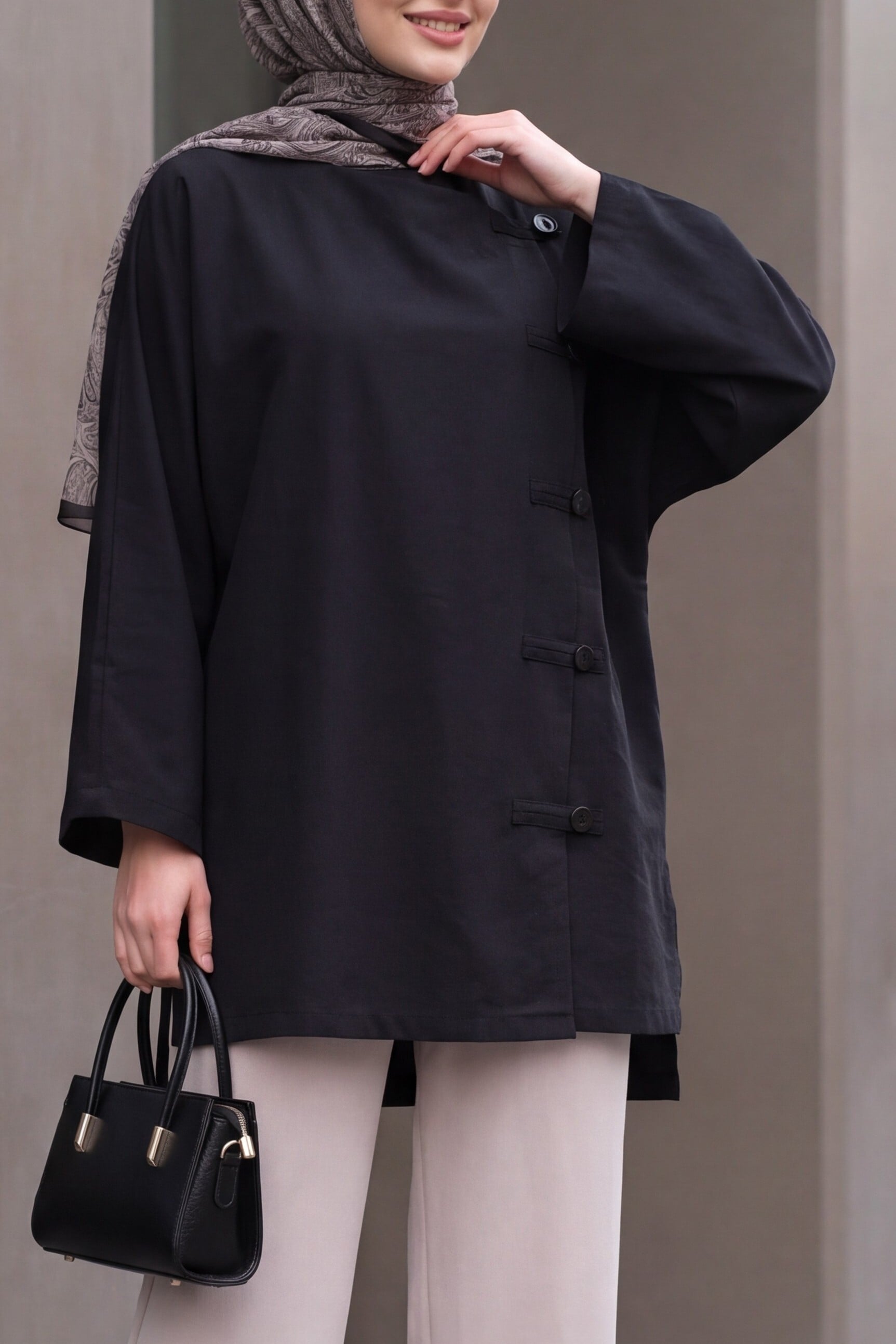 Black Round Neck Button Front Long Back Poliviscose Tunic - Podyumplus - by Peralane