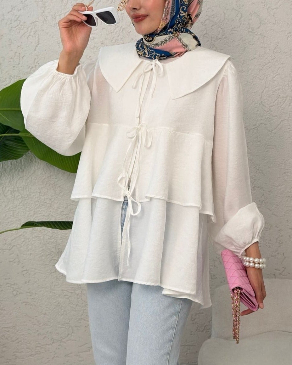 White Tie-Front Layerd Peplum Kimono Blouse with Baby Collar - Podyumplus - by Peralane - photo 4