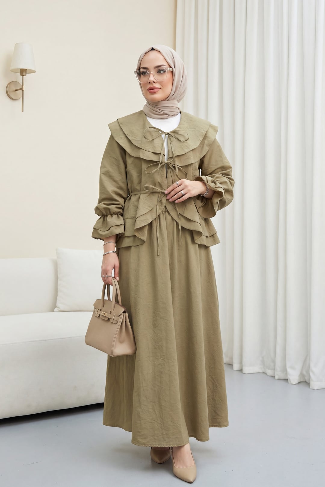 Wide Collar Tie-Front Long Skirt and Jacket Modest Set - Olive Green - Podyumplus - by Peralane