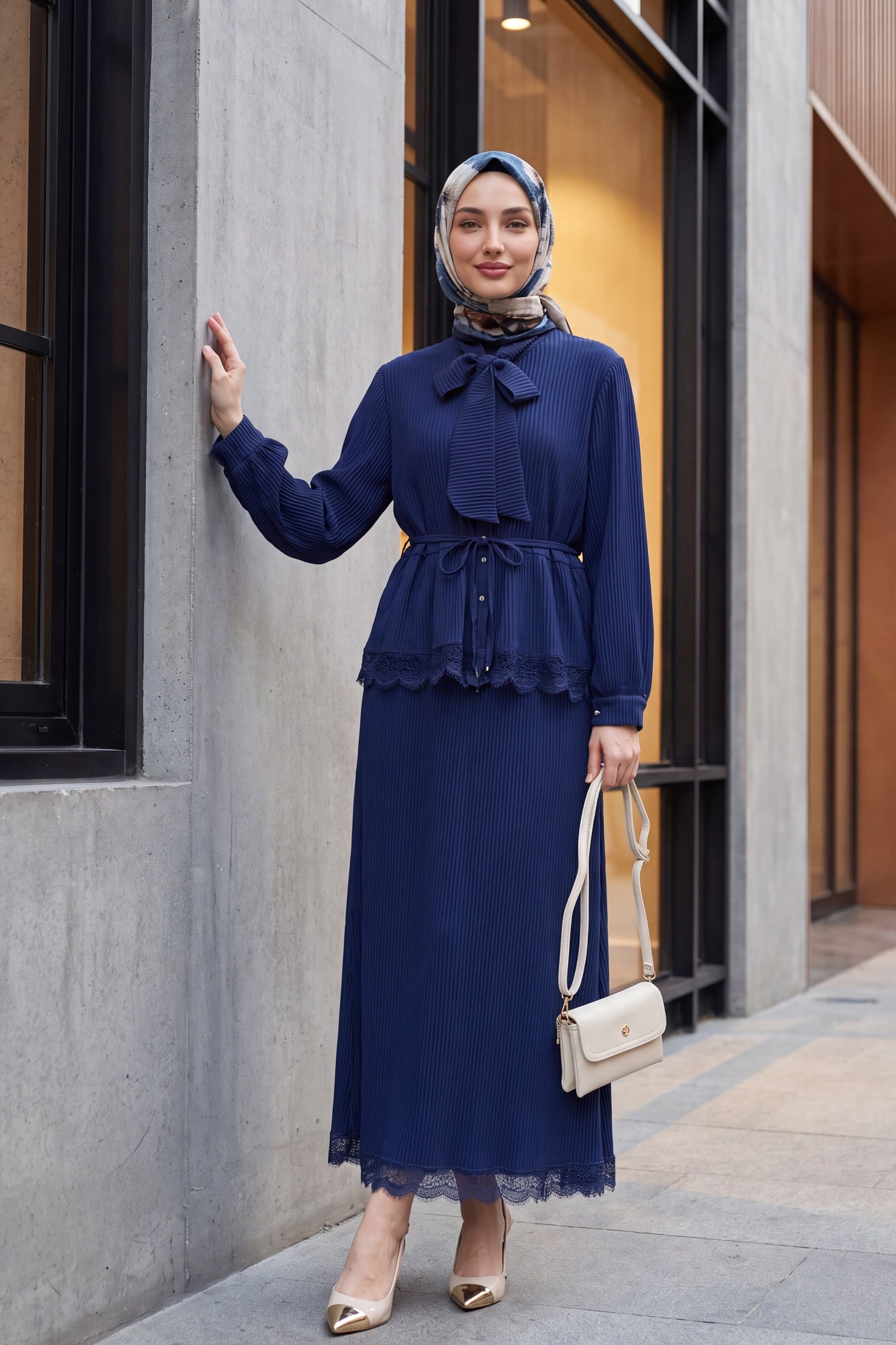 Navy Blue Tie-Waist Blouse and Lace-Trim Pleated Crepe Skirt Set - Podyumplus - by Peralane