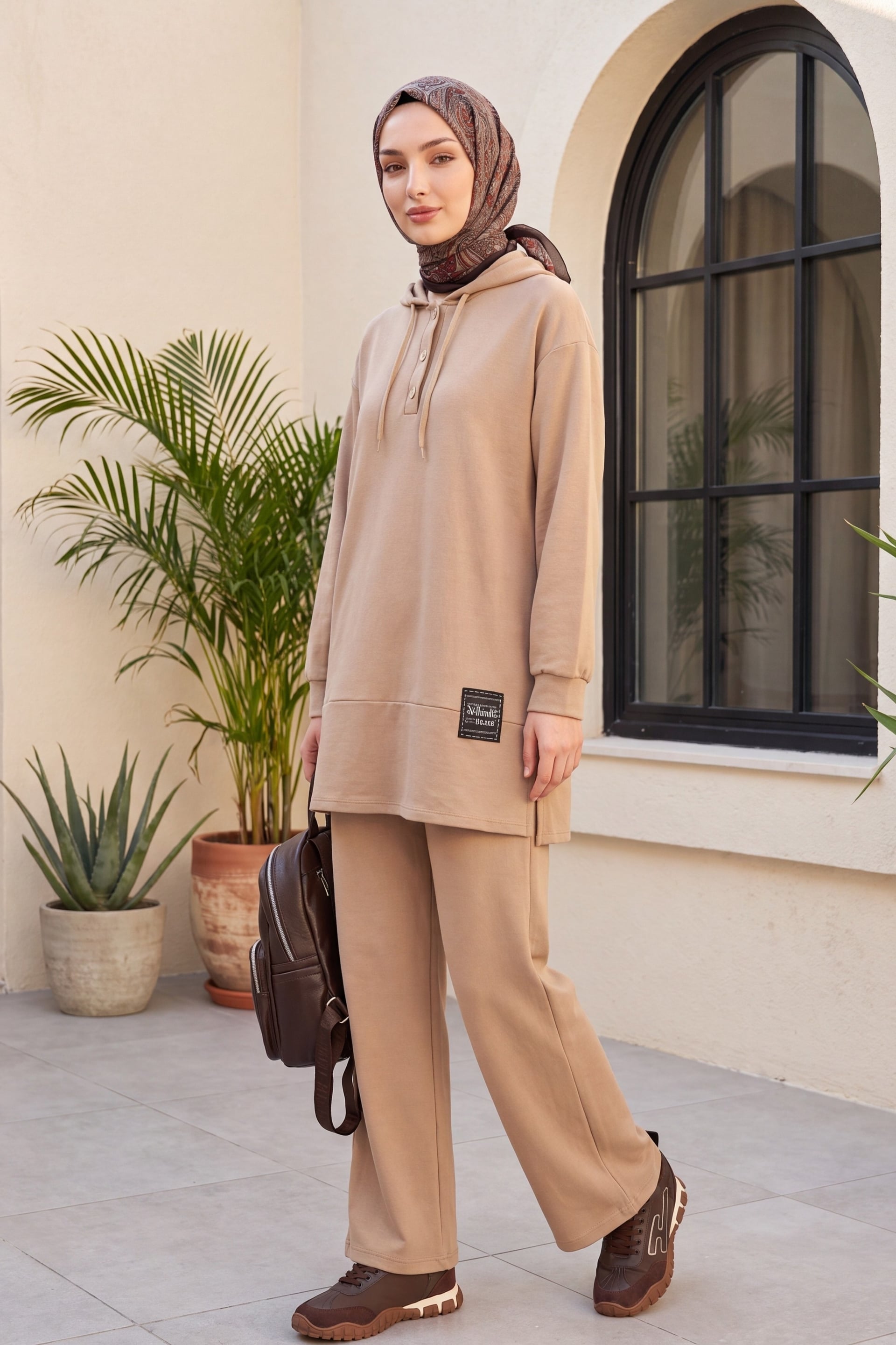 Hooded Two-Piece Jersey Set with Button Placket - Beige - Podyumplus - by Peralane - photo 4