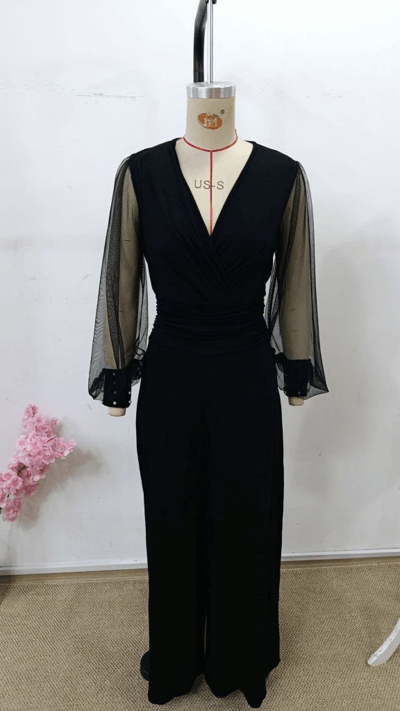 Women's Long-Sleeved Wrap Jumpsuit with Sheer Sleeves, Black Viscose - Janes - by Peralane - photo 4