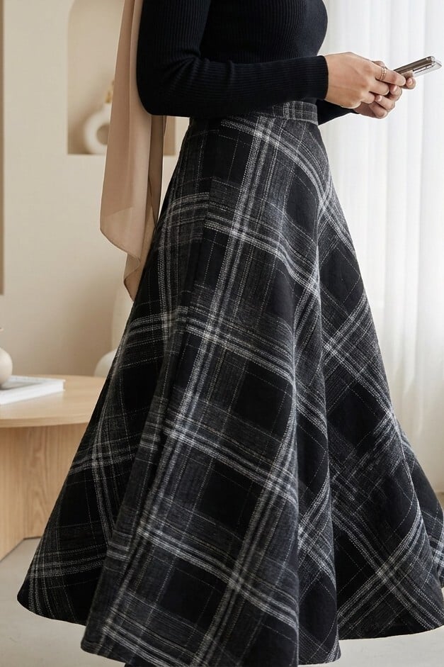 Black and White Plaid A-Line Midi Skirt with Side Zipper - Podyumplus - by Peralane - photo 3