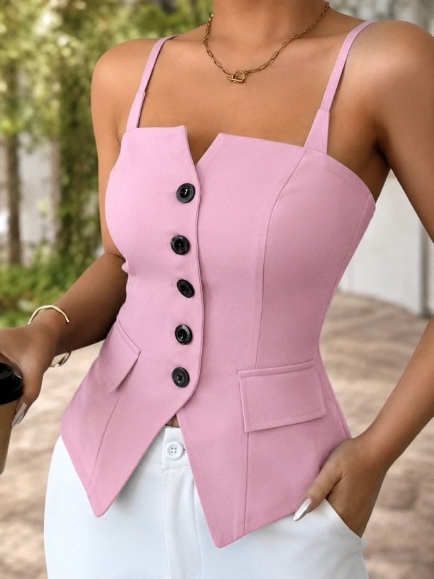 Women's Pink Sleeveless Button-Front Vest Top - Janes - by Peralane