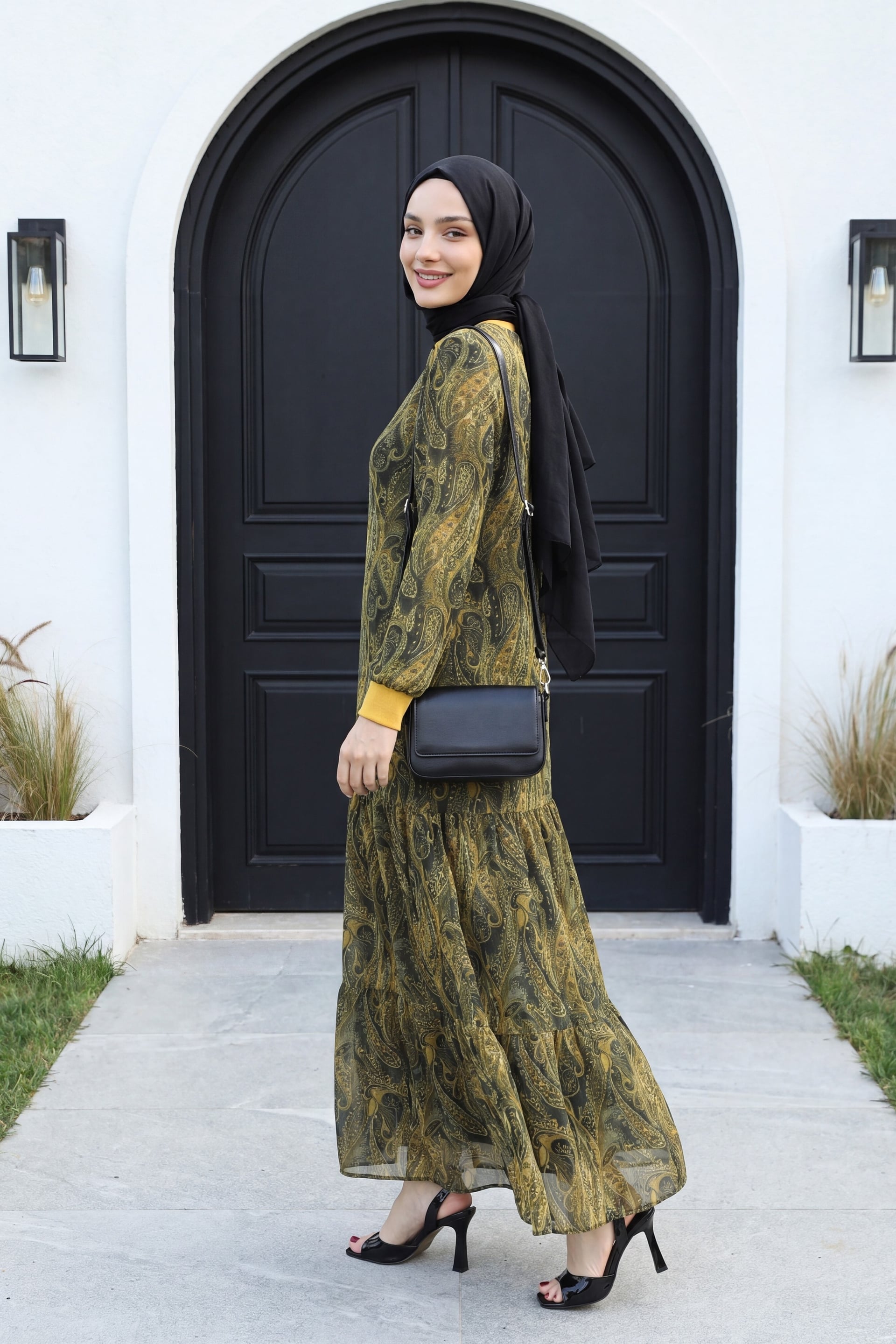 Ethnic Print Tiered Lined Chiffon Dress - Olive Green - Podyumplus - by Peralane - photo 2