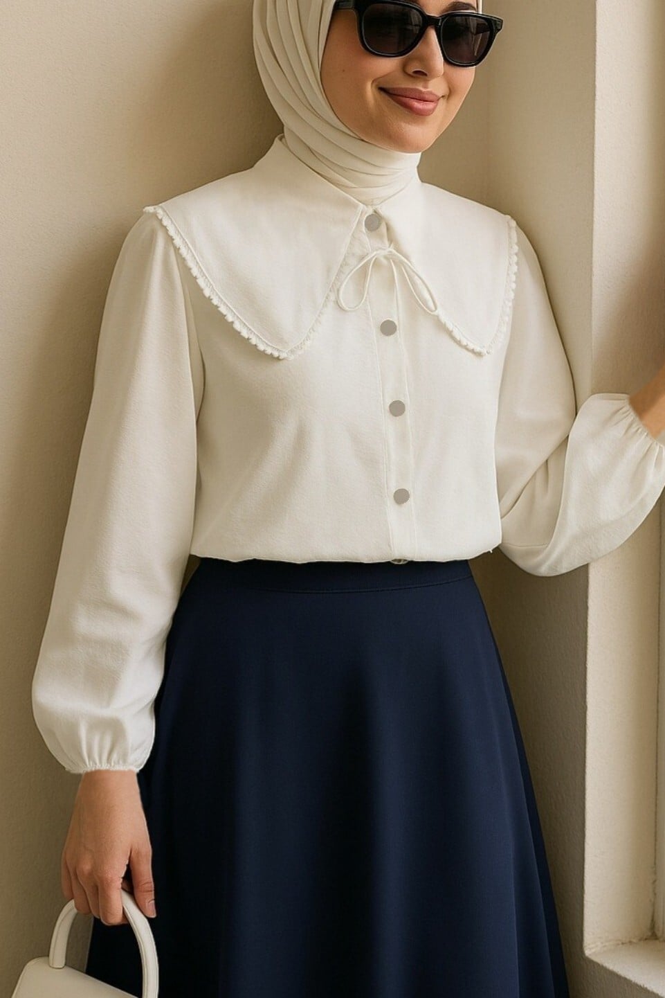 White Blouse with Peter Pan Collar and Lace Trim - Podyumplus - by Peralane - photo 8