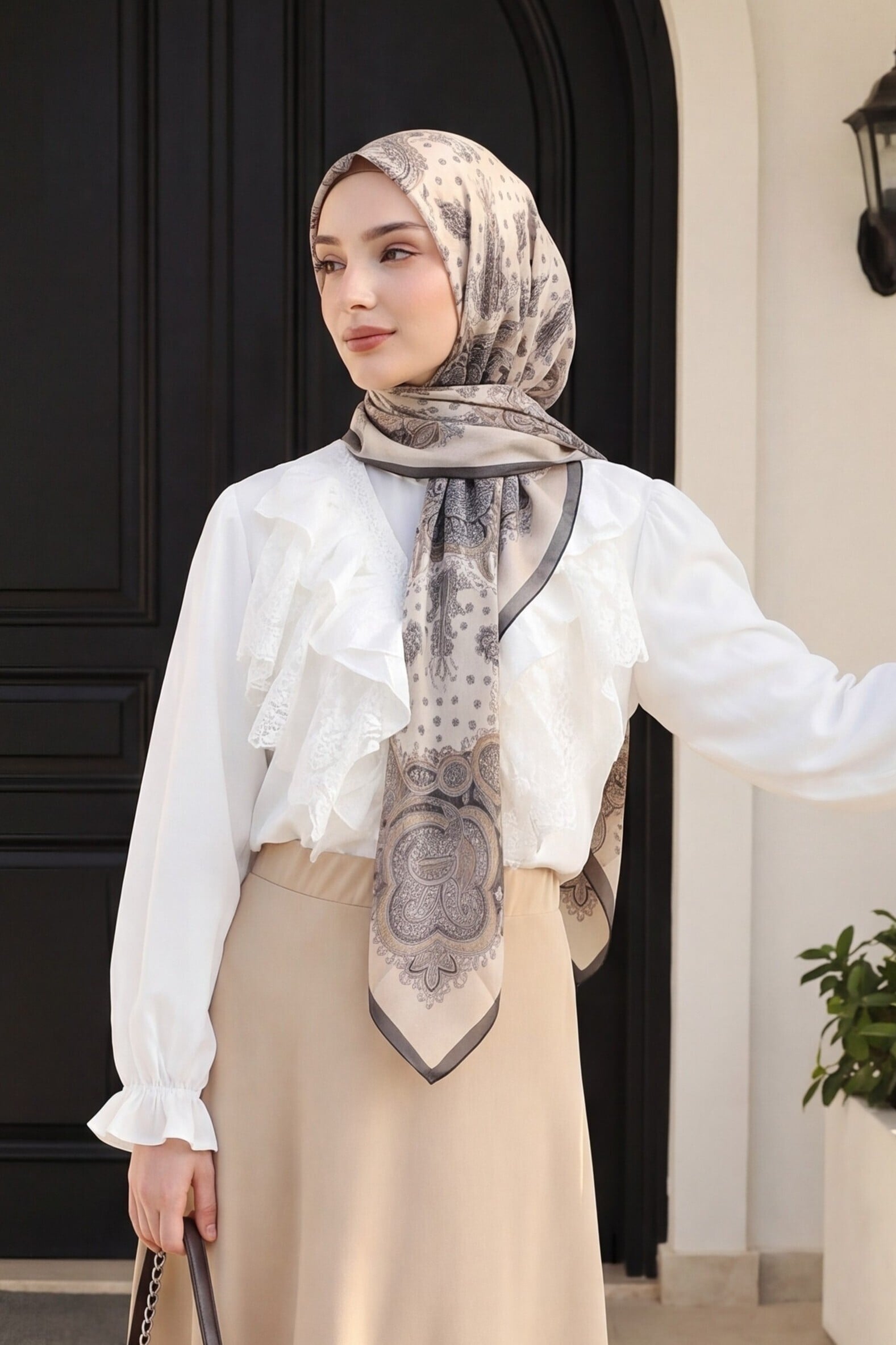 V-Neck Lace Trim Flutter Sleeve Elastic Cuff Imported Linen Look Blouse - Ecru - Podyumplus - by Peralane