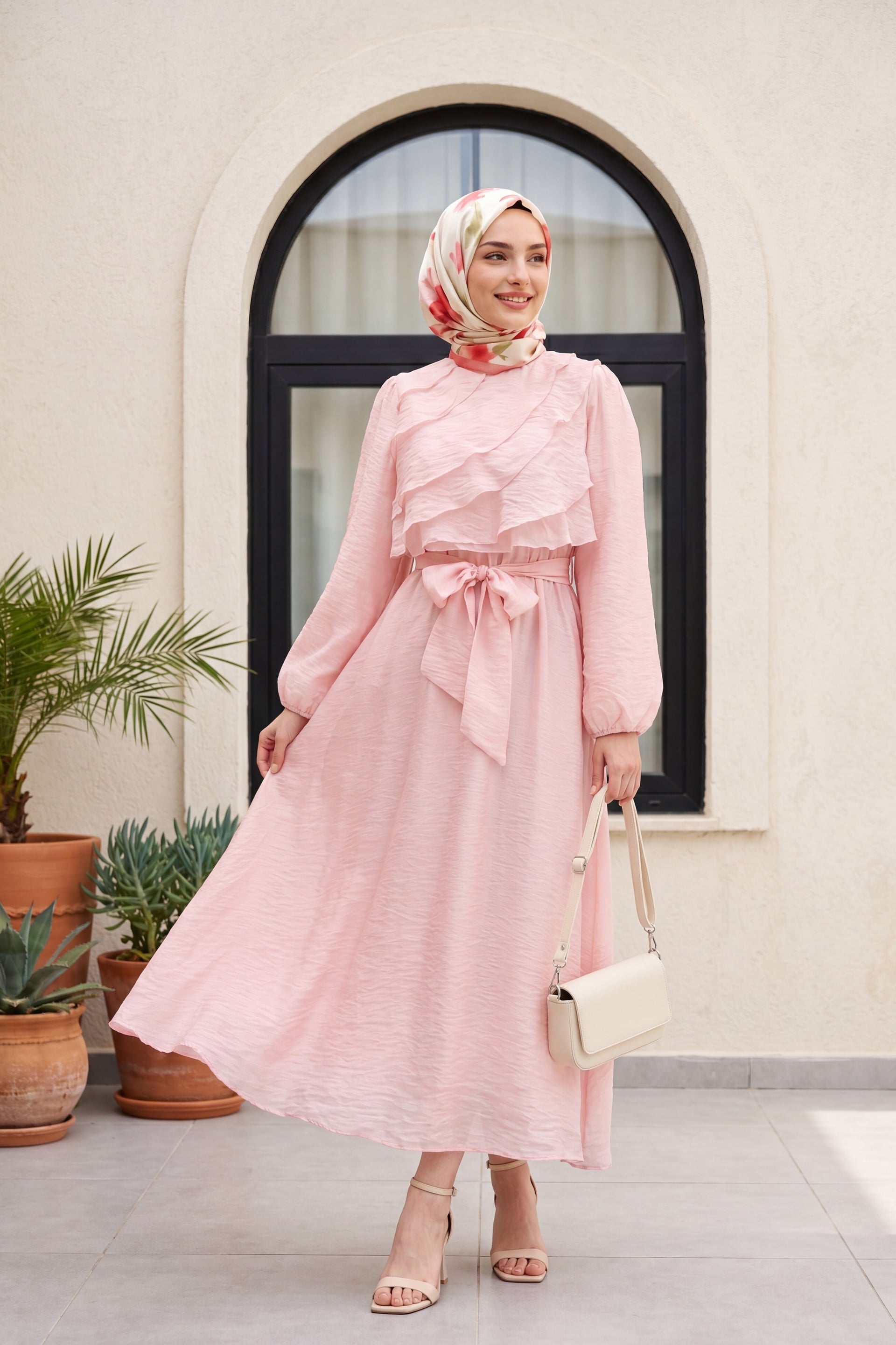 Powder Pink Ruffled Balloon Sleeve Lined Chiffon Dress with Elastic Belt - Podyumplus - by Peralane - photo 7