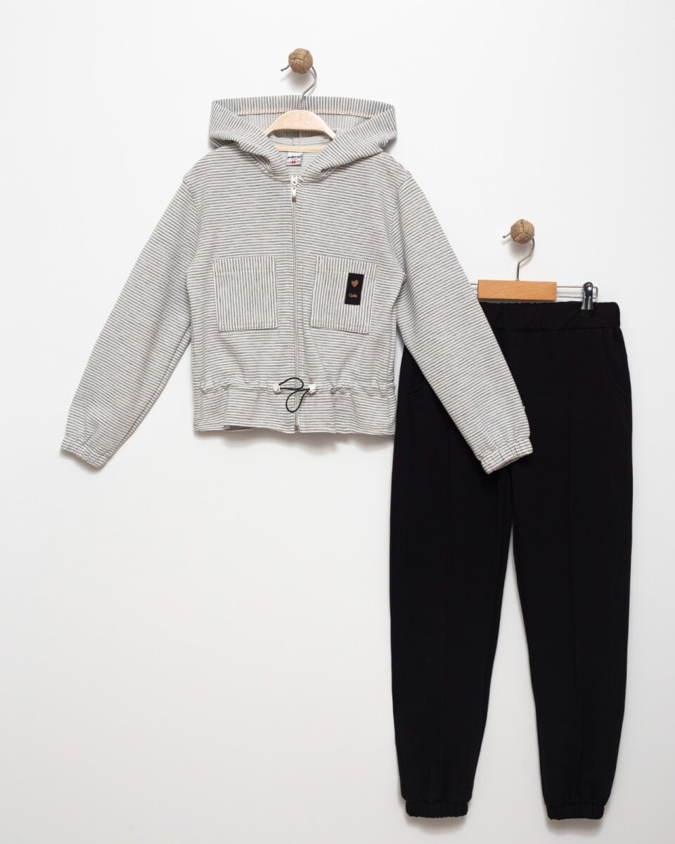 Girls' Zip-Up Hoodie and Jogger Set with Pinstripe Print (9-13 Years, Grey Melange) - Pafim - by Peralane