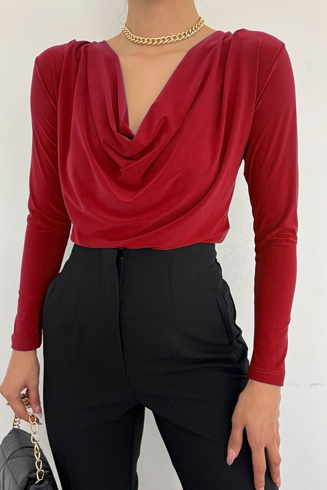 Draped Neck Blouse - Red - Podyumplus - by Peralane