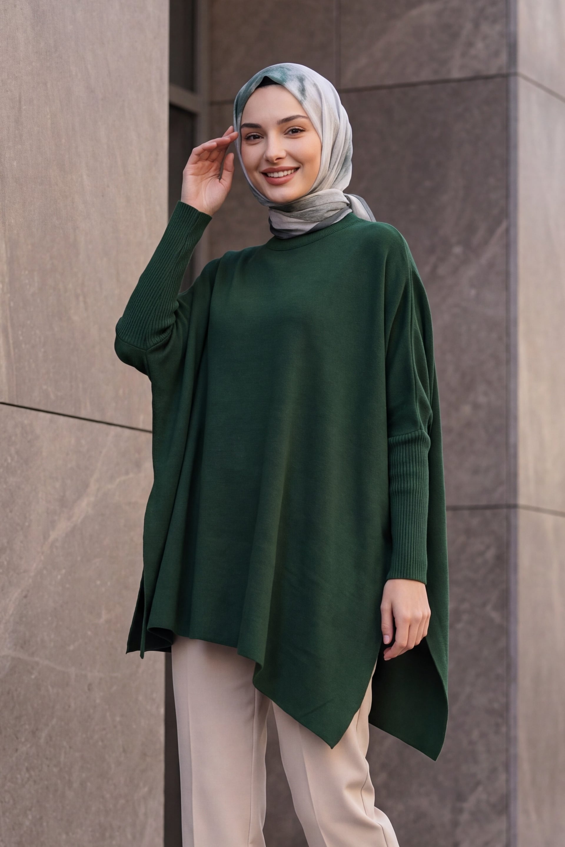 Side Slit Oversize Poncho Knit Sweater - Emerald Green - Bigdart - by Peralane - photo 3
