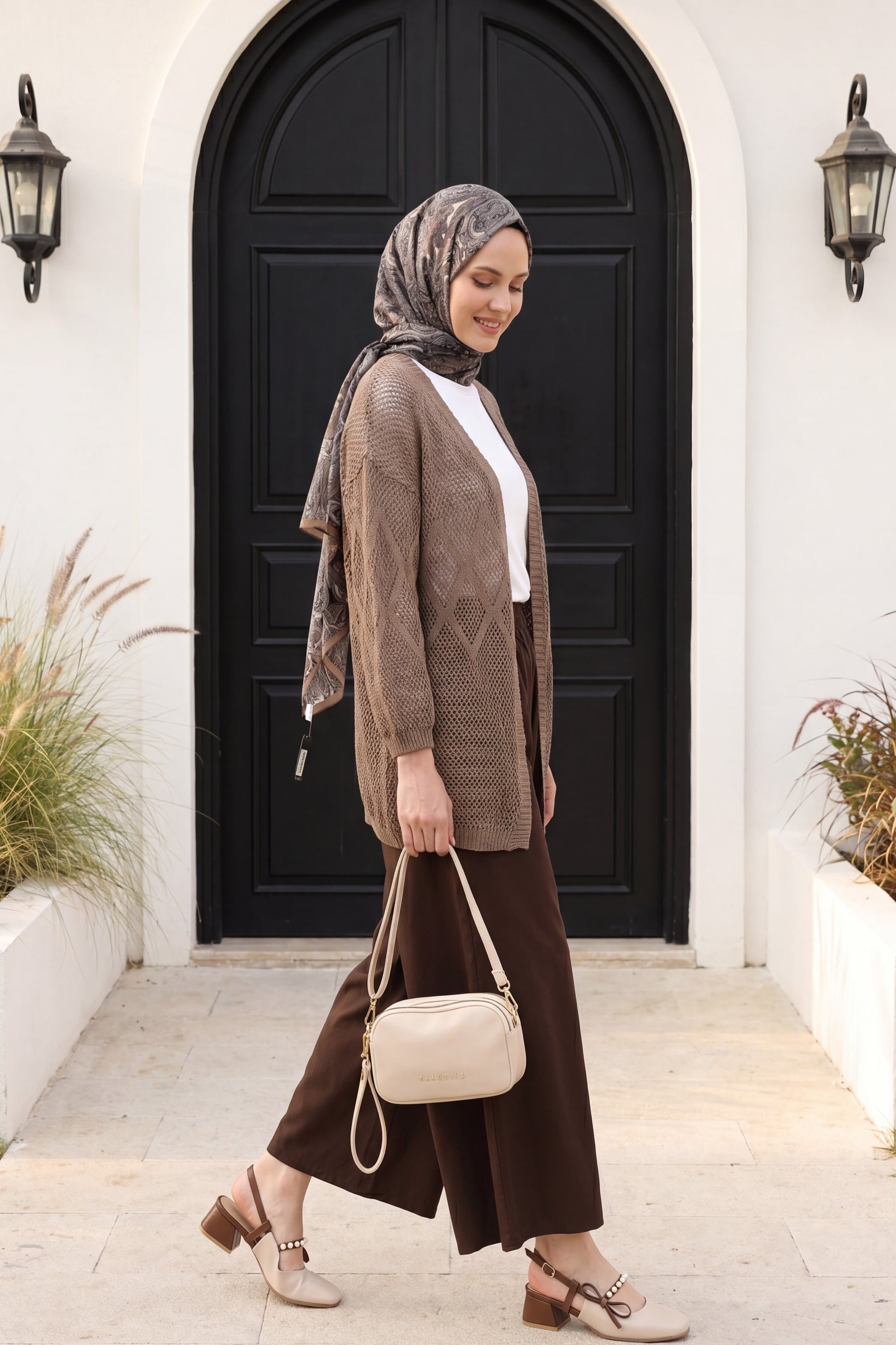 Diamond Pattern Openwork Knit Cardigan - Light Brown - Podyumplus - by Peralane - photo 4