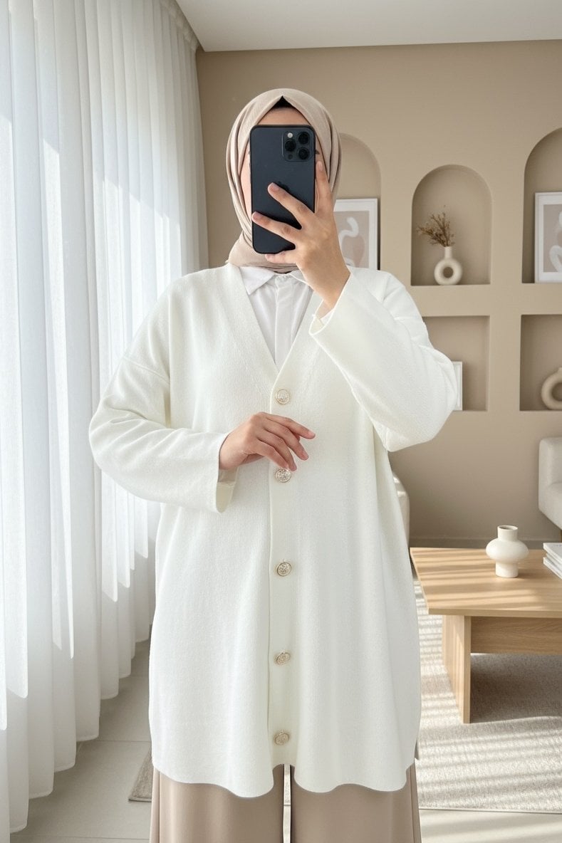 Oversize V-Neck Button Cardigan - Ecru - Podyumplus - by Peralane