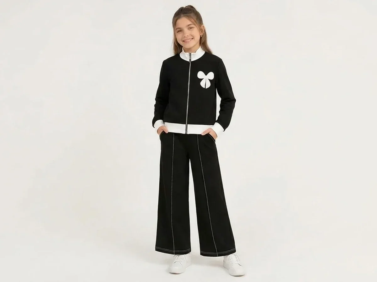 Ribbon Detail Girls' Tracksuit Set in Black - Mensis - by Peralane