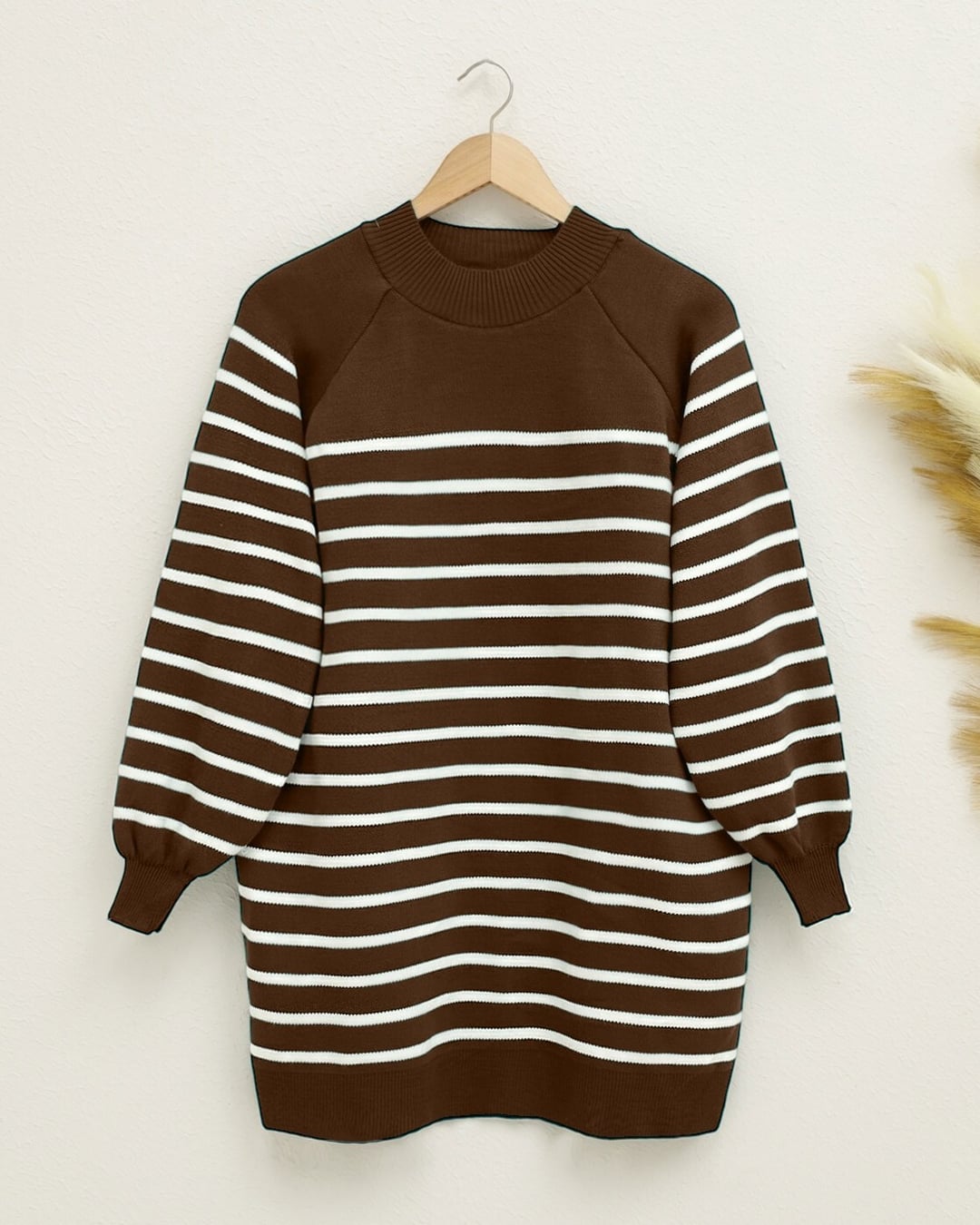 Brown Striped Knit Tunic with Crew Neck - Podyumplus - by Peralane - photo 3
