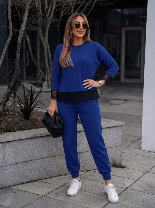 Women's Long-Sleeve Crew Neck Lace Trim Viscose Two-Thread Blouse and Trousers Two-Piece Set - Janes - by Peralane - photo 3