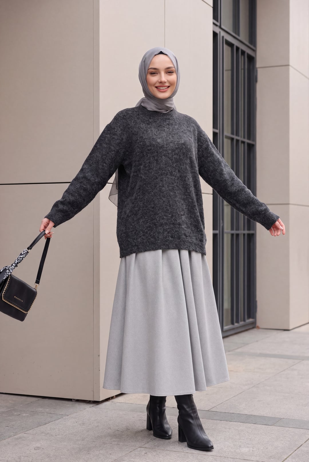 Women's Tulle Detail Oversize Knit Sweater - Black - Bigdart - by Peralane - photo 4
