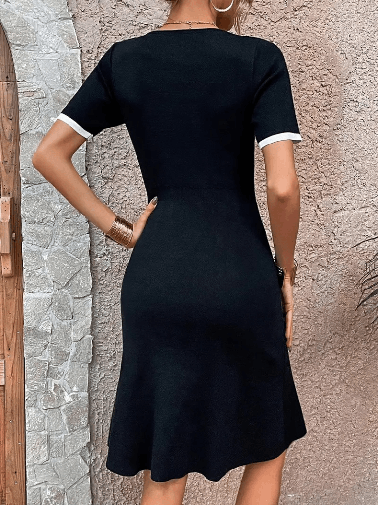 Women's Short Sleeve Biker Neck Side Slit Colorful Stripe Detail Crepe Dress - Janes - by Peralane - photo 5
