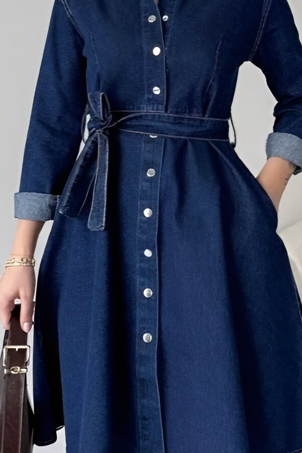 Women's Full-Length Snap Button Denim Coat with Belt - Indigo - Podyumplus - by Peralane - photo 3