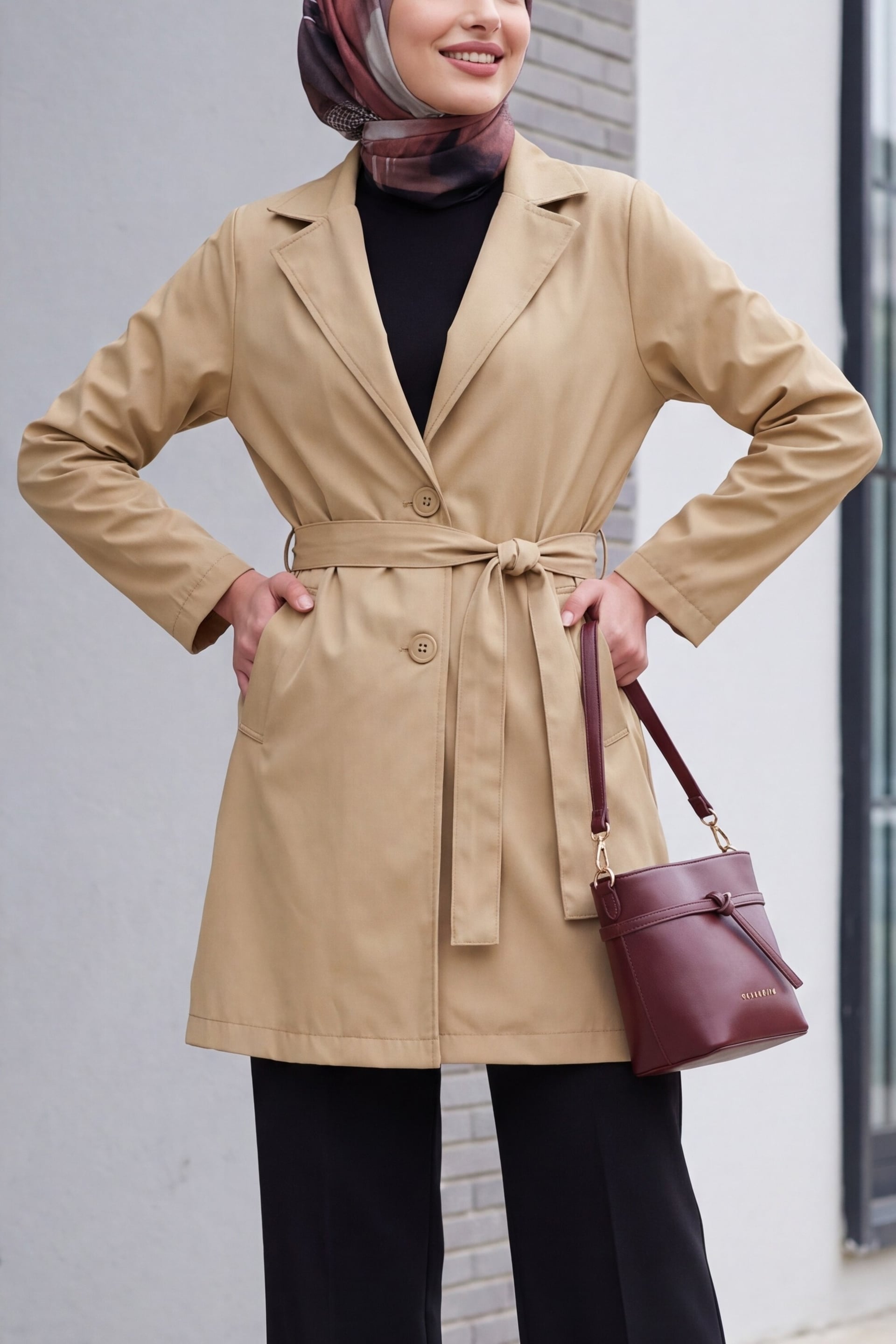 Women's Belted Short Trench Coat - Light Beige (Haki) - Bigdart - by Peralane