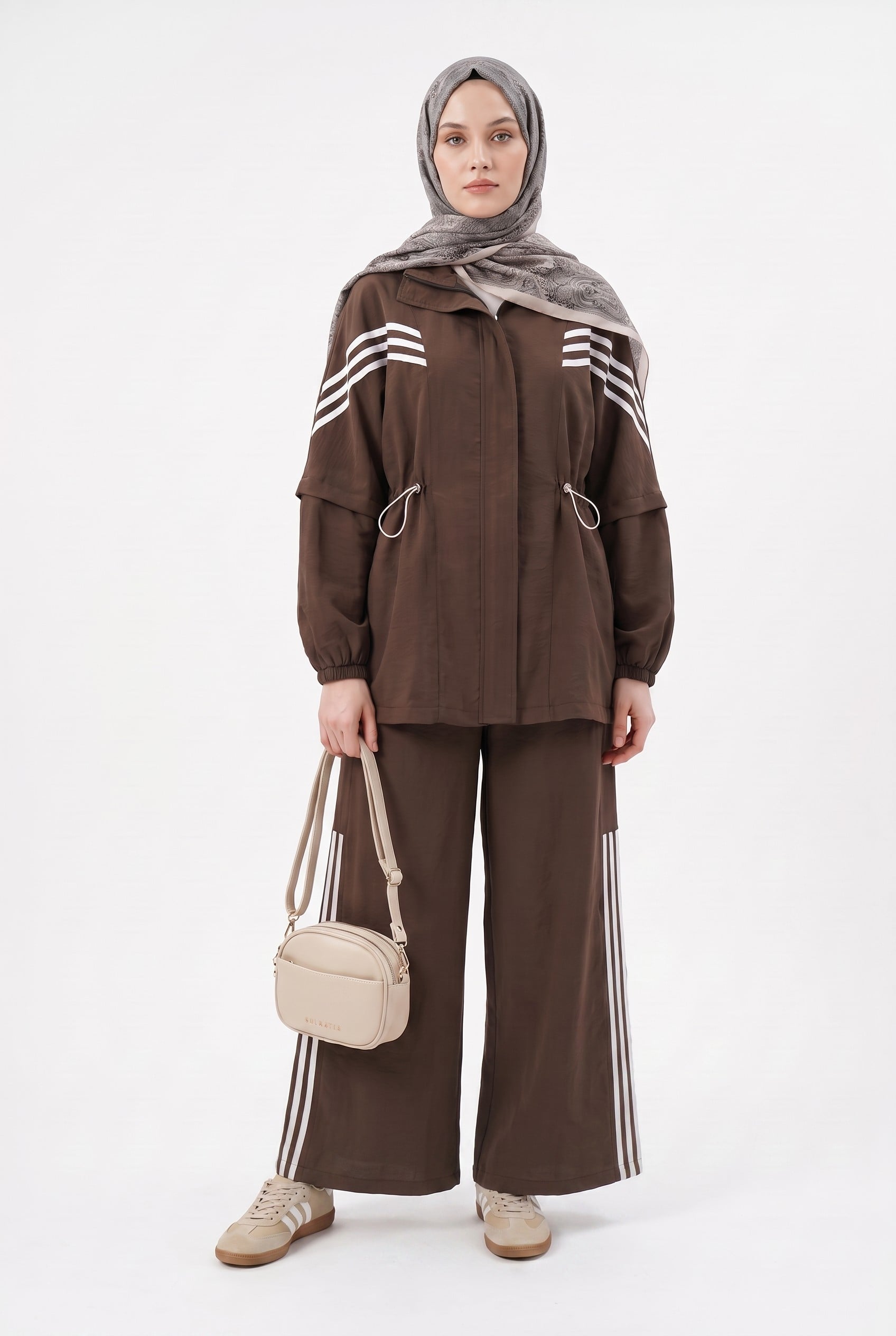 Dark Brown Striped Hooded Track Jacket and Wide-Leg Trouser Set - Podyumplus - by Peralane - photo 6