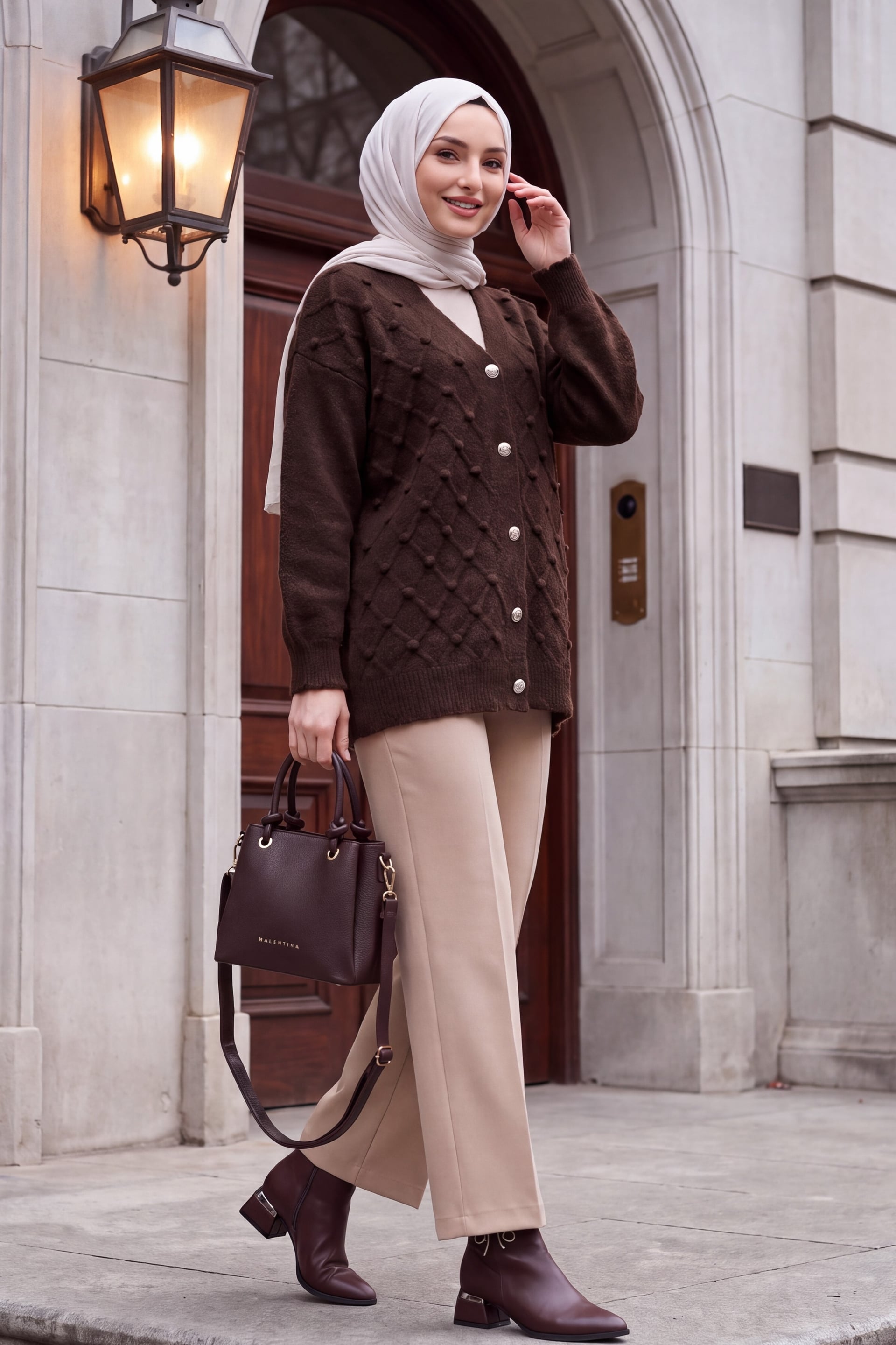 Embossed Bobble Detail Buttoned Knit Cardigan - Brown - Podyumplus - by Peralane - photo 3