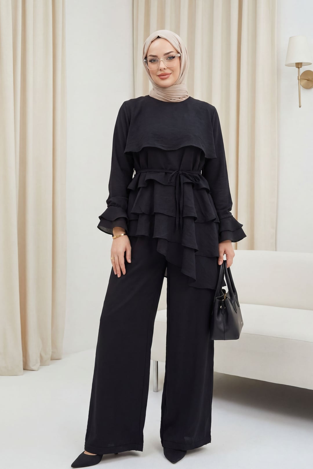 Asymmetric Layered Lace-Up Trousers Lined Cupro Co-ord Set - Black - Podyumplus - by Peralane - photo 5