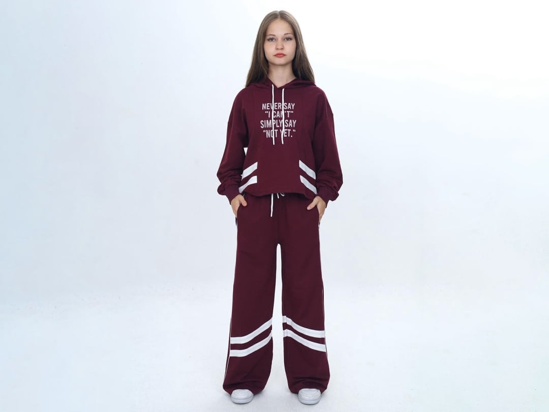 Girls' Hooded Tracksuit Set with Print - Burgundy - Vizviz - by Peralane