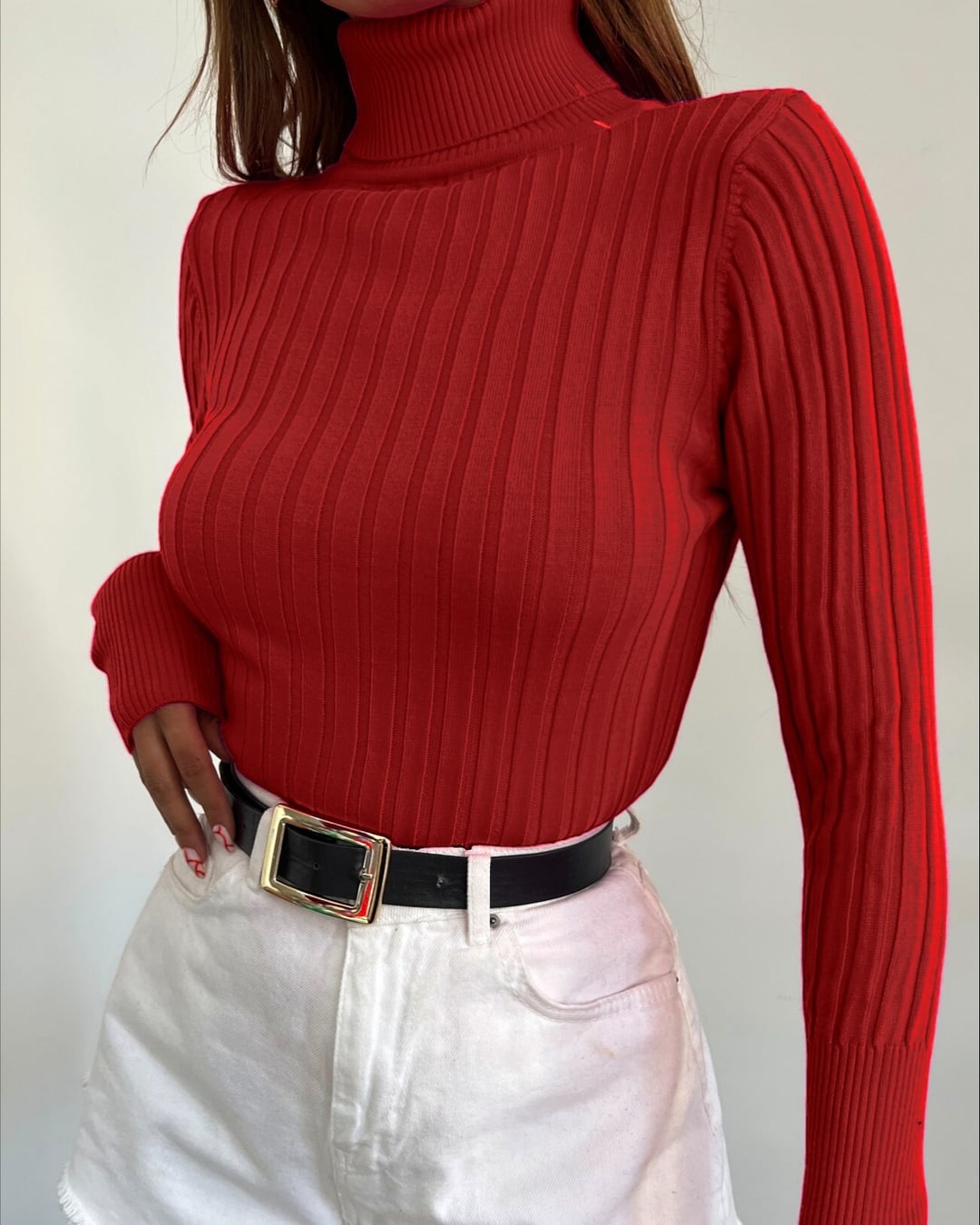 Red Ribbed Knit Turtleneck Sweater - Podyumplus - by Peralane - photo 3