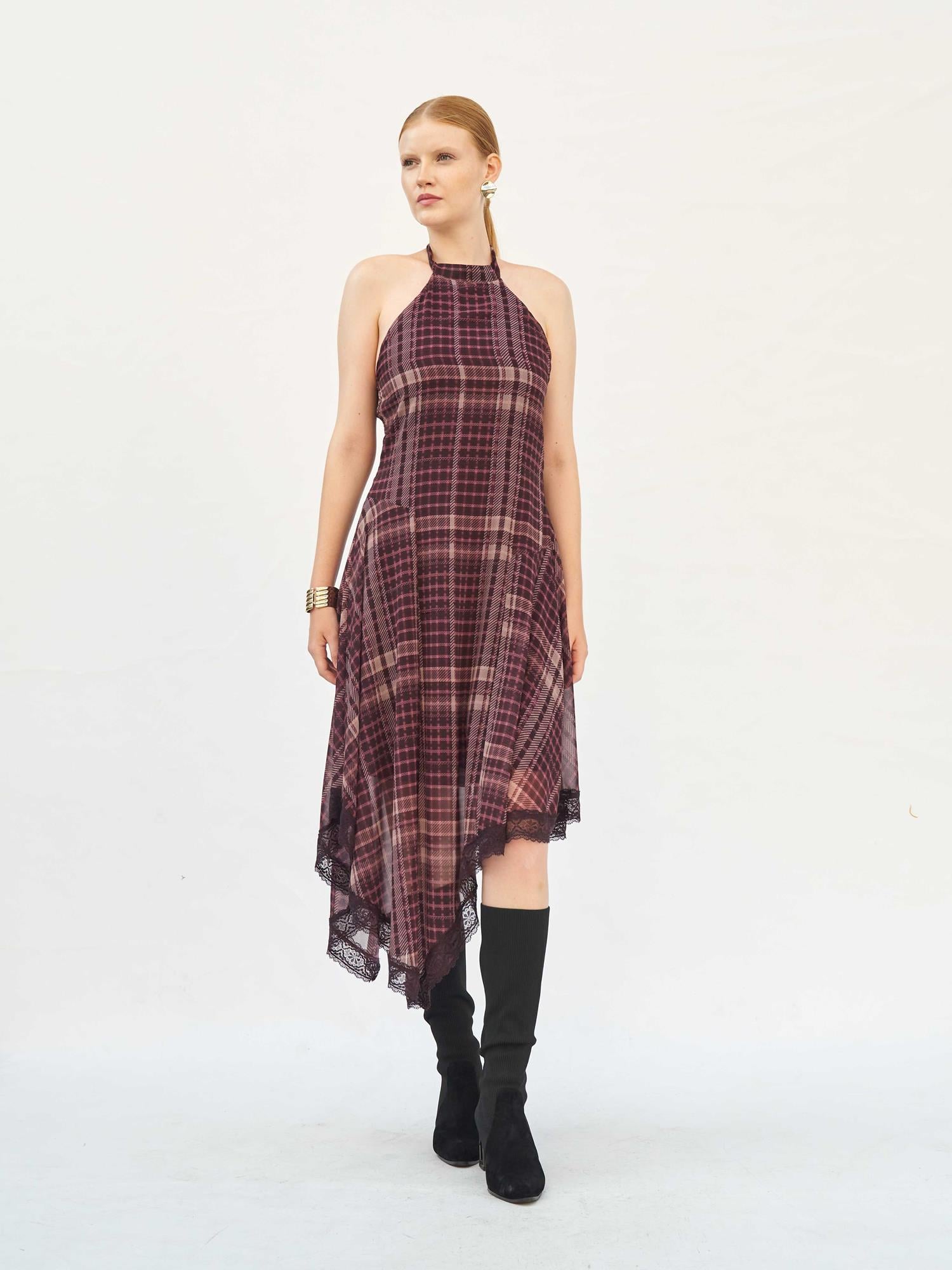 111808 Burgundy and Beige Plaid Maxi Dress with Lace Trim - Lefon - by Peralane - photo 8