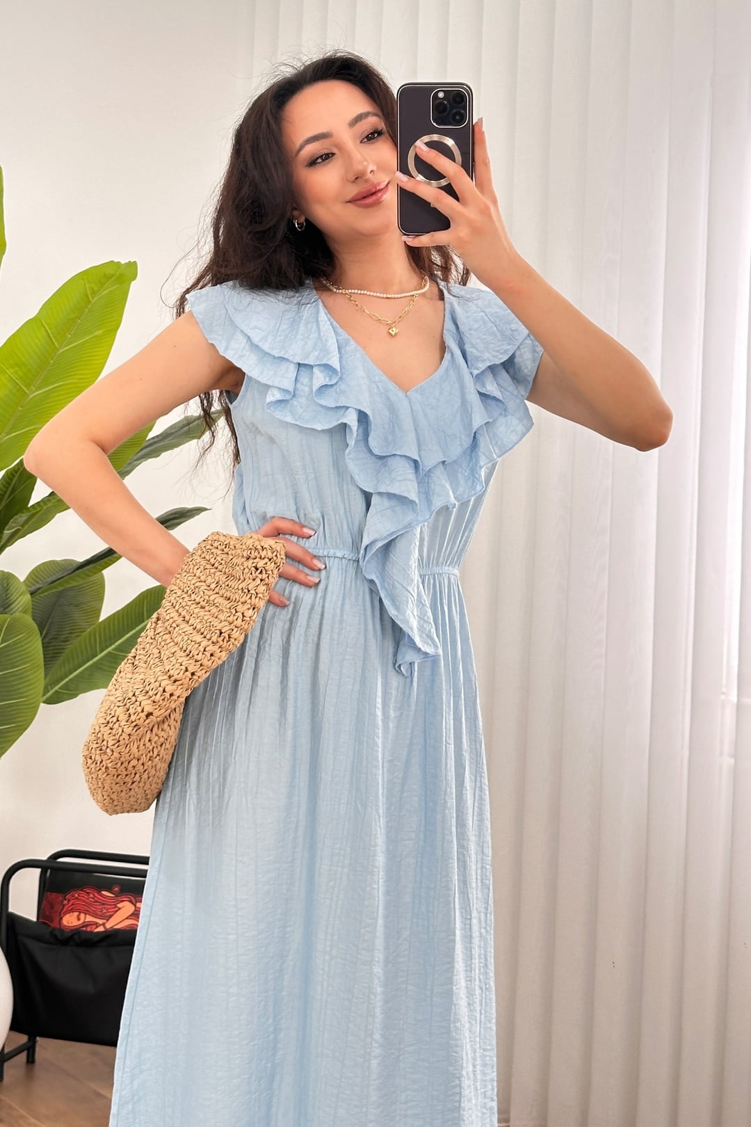 Light Blue Tie-Front Ruffle Midi Dress for Women - Lustri̇n - by Peralane - photo 5