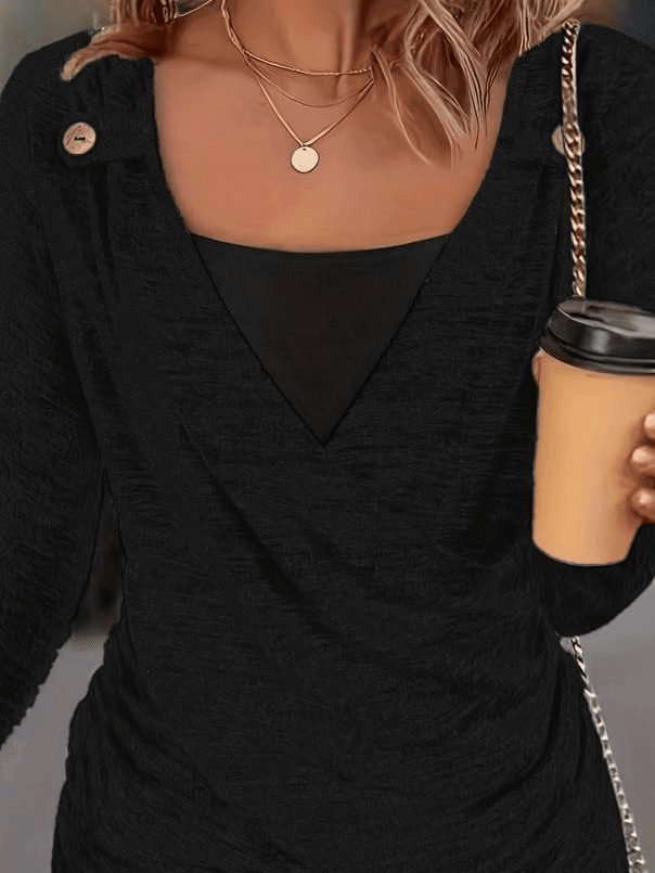 Women's Long-Sleeve V-Neck Button Detail Blouse - Black - Janes - by Peralane - photo 2