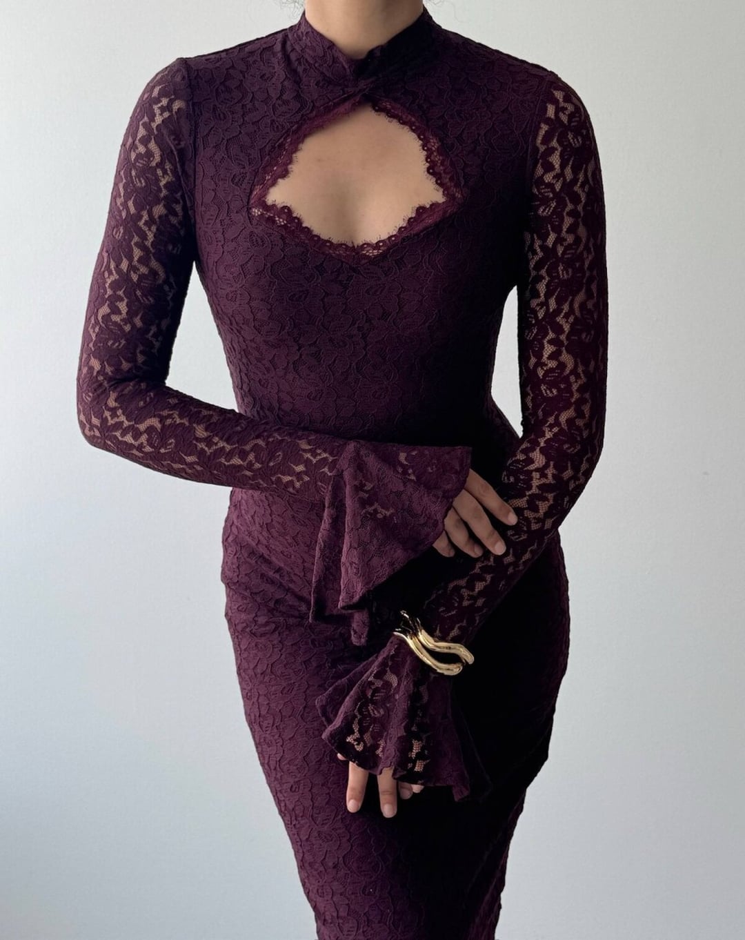 Wexo Chest Cutout Detail Lace Dress in Deep Plum - Etika - by Peralane - photo 3