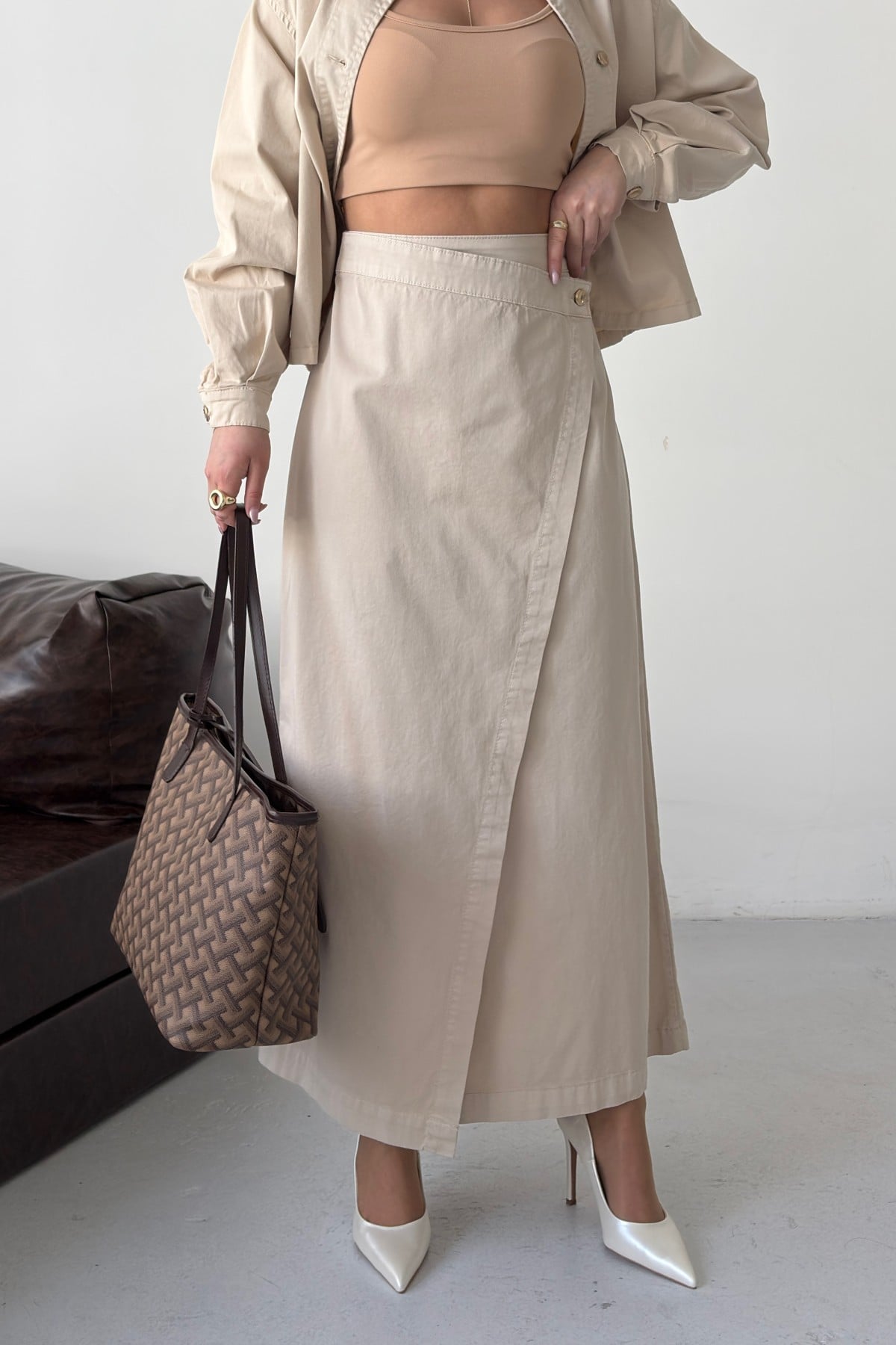 Women's High-Waist Maxi Denim Skirt with Buttons - Stone - Xlove - by Peralane - photo 3