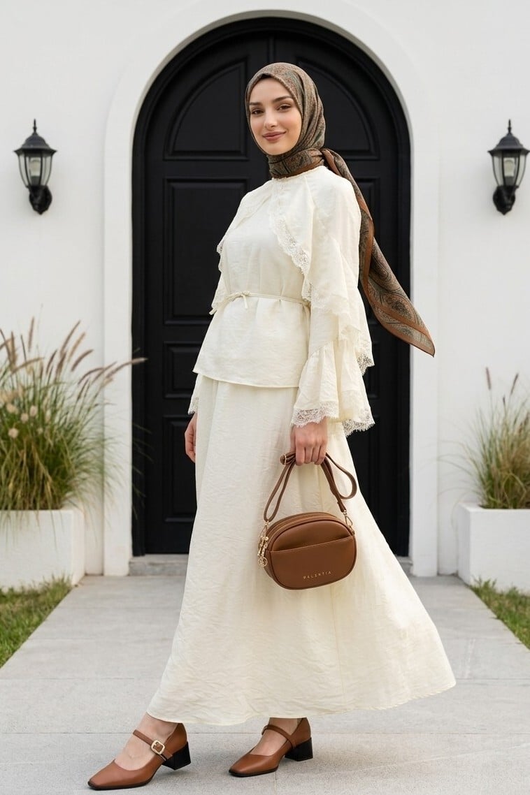 Lace Detail Spanish Sleeve Lined Belted Tulle Voile Skirt Set - Ecru - Podyumplus - by Peralane - photo 2