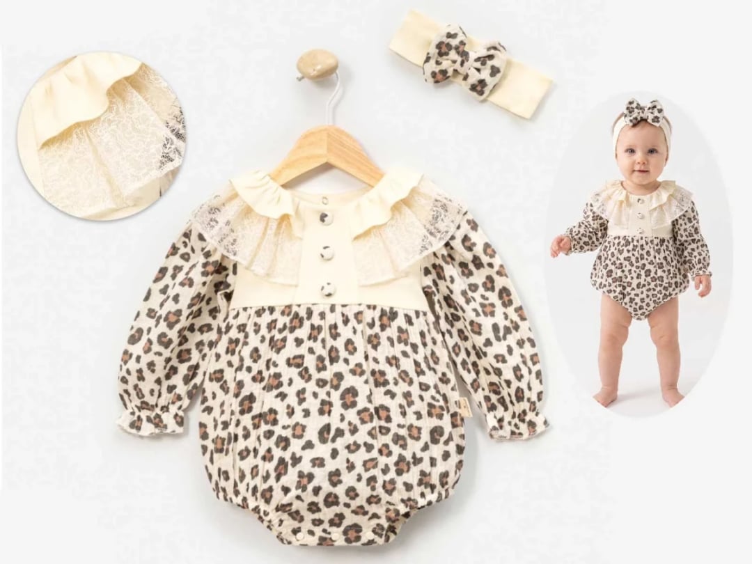 Leopard Print Baby Girl Romper and Headband Set - Cayzen - by Peralane