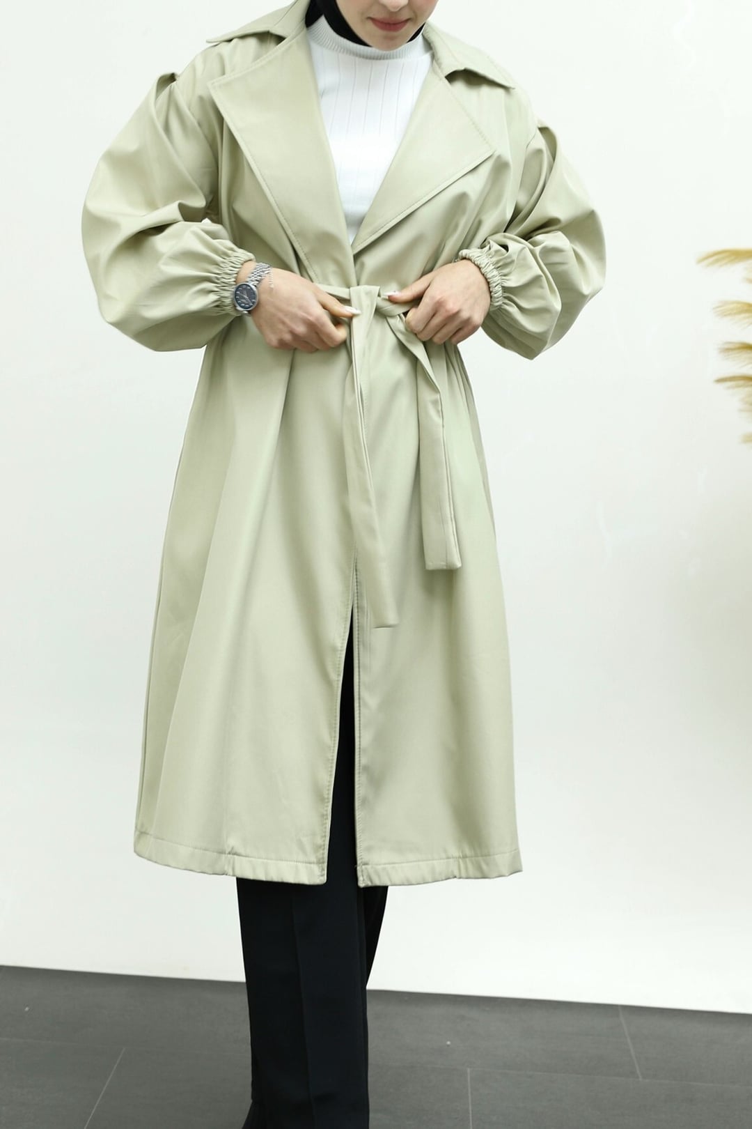 Women's Beige Tie-Belt Trench Coat with Shawl Collar and Pockets - Podyumplus - by Peralane