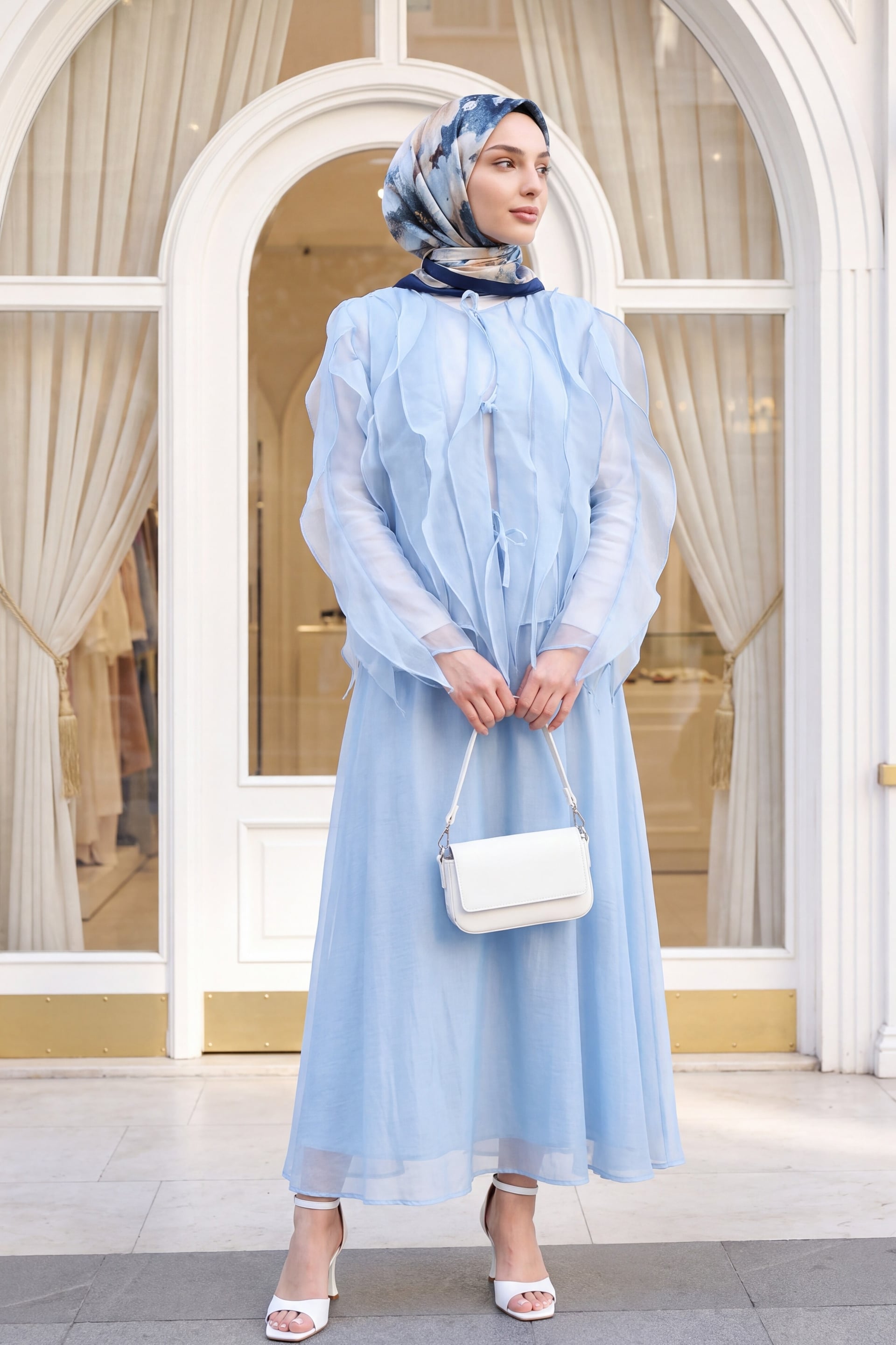 Front Tie Ruffled Lined Asymmetric Cut Cupro Set - Baby Blue - Podyumplus - by Peralane - photo 3