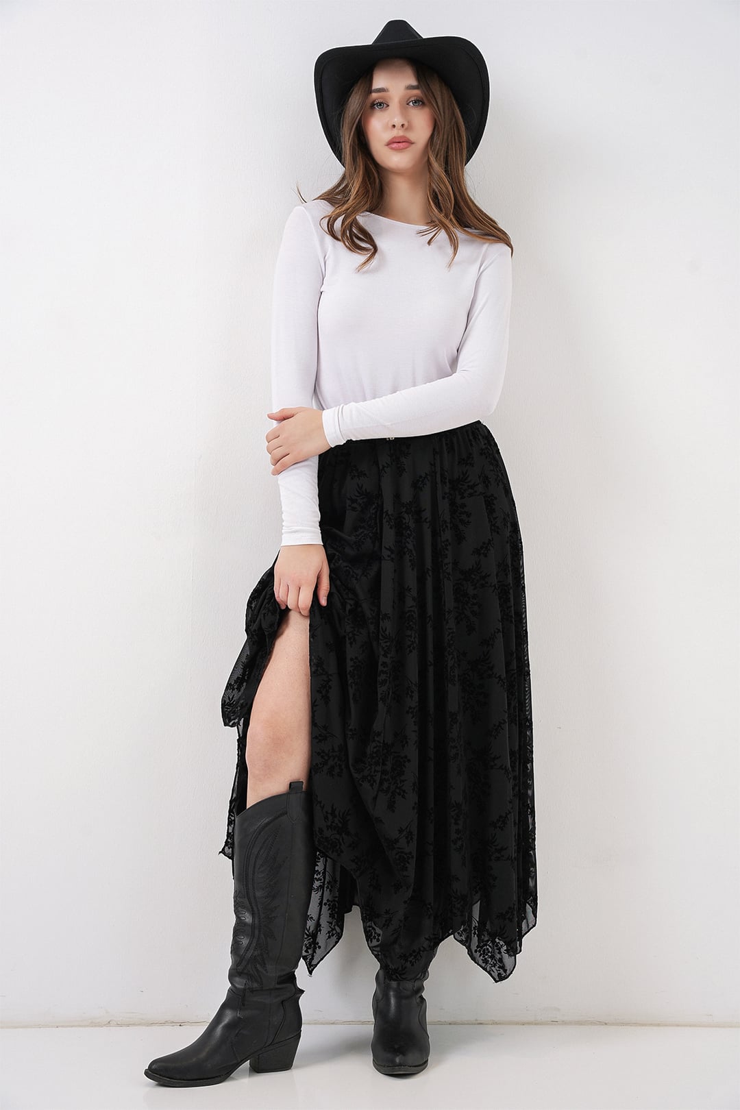 Women's Black Flocked Floral Lined Asymmetric Skirt 8059 - Bigdart - by Peralane - photo 2