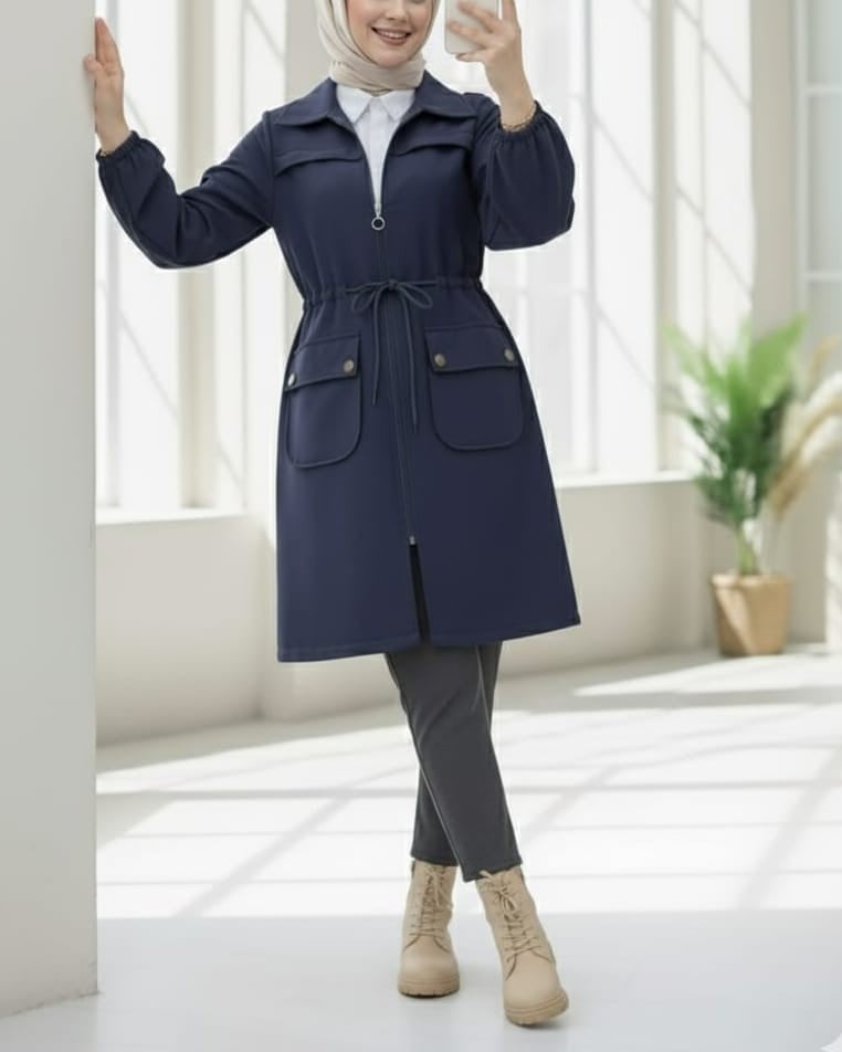 Navy Blue Zip-Up Fitted Coat Jacket with Elastic Cuffs and Button Flap Pockets - Podyumplus - by Peralane - photo 3