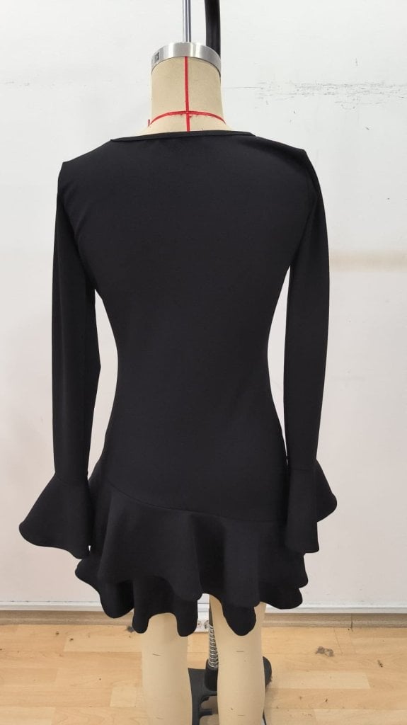 Women's Long Sleeve Round Neck Bell Sleeve Ruffle Hem Ribbed Knit Mini Dress in Black - Janes - by Peralane - photo 6