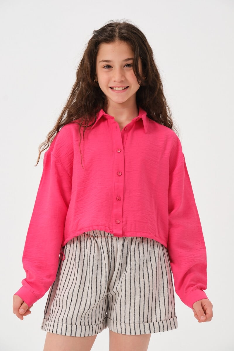 Girls' Cropped Shirt and Shorts Set - Bright Pink and Cream Pinstripe - Ages 8-15 - Jazziee - by Peralane