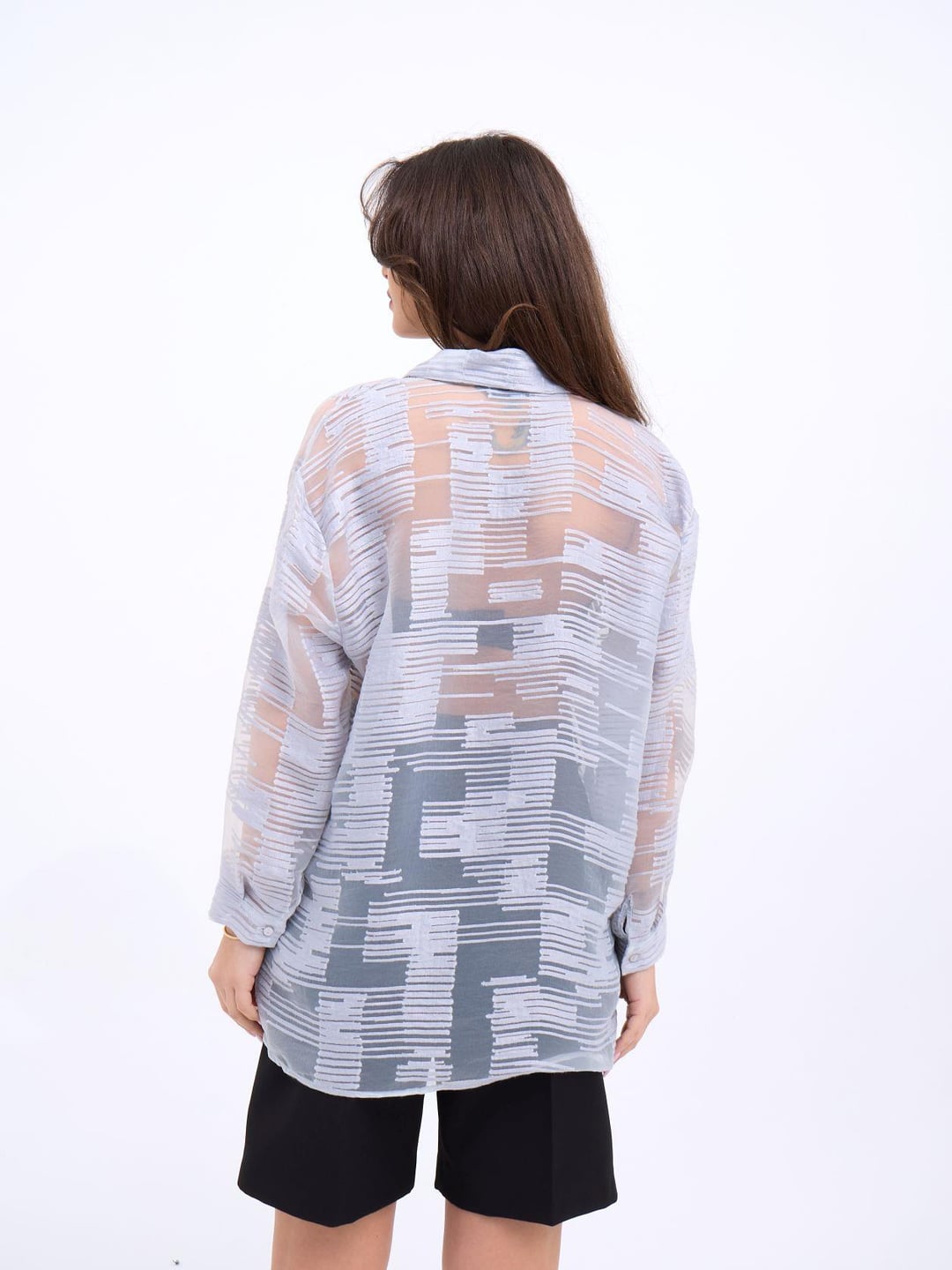 Light Blue Striped Sheer Blouse with Collar and Long Sleeves - Fame - by Peralane - photo 2
