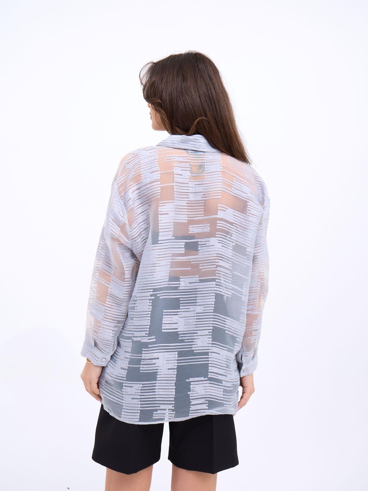Light Blue Striped Sheer Blouse with Collar and Long Sleeves - Fame - by Peralane - photo 2