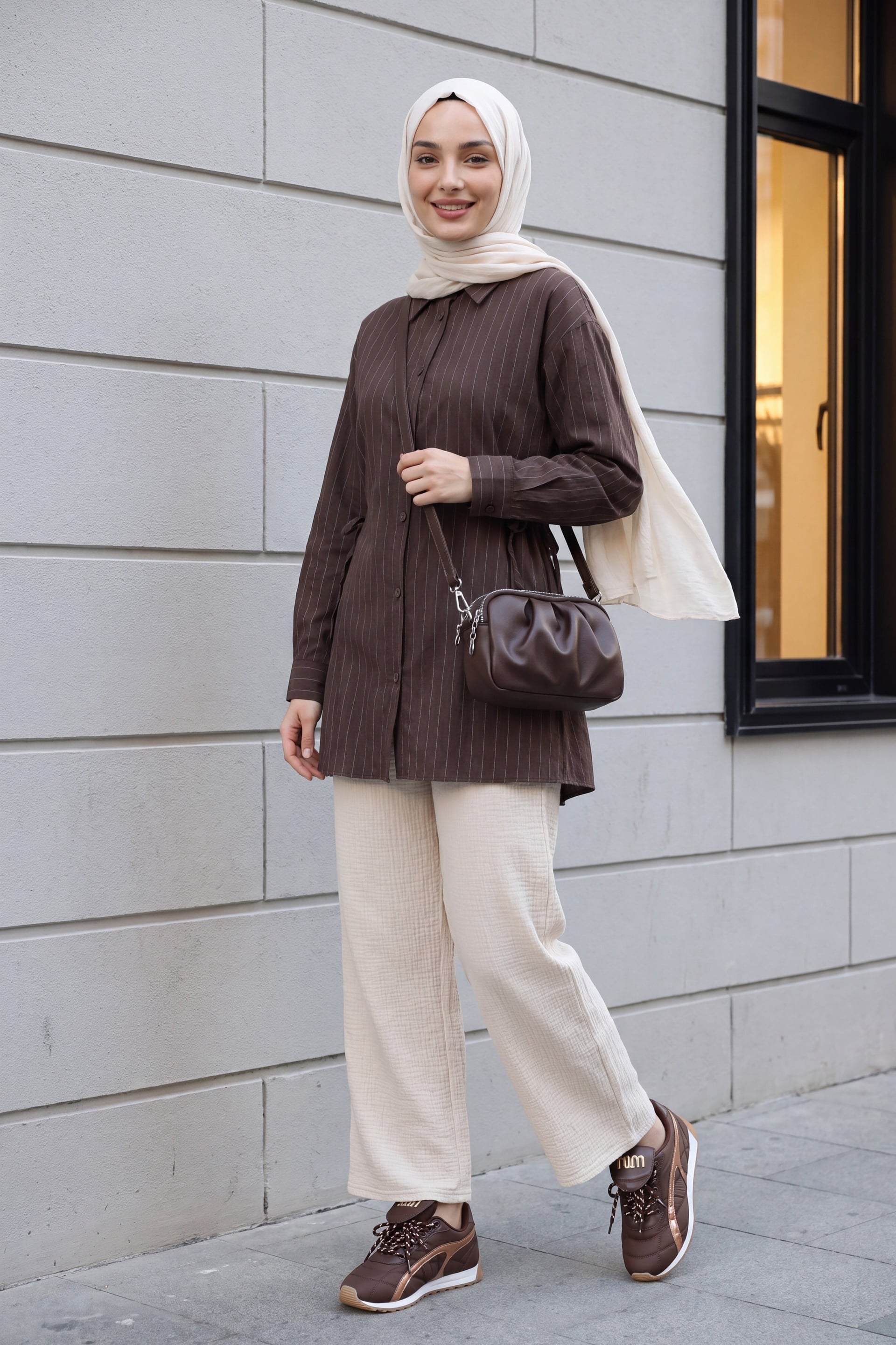 Side Lace-Up Striped Button Modal Tunic - Brown - Podyumplus - by Peralane - photo 5