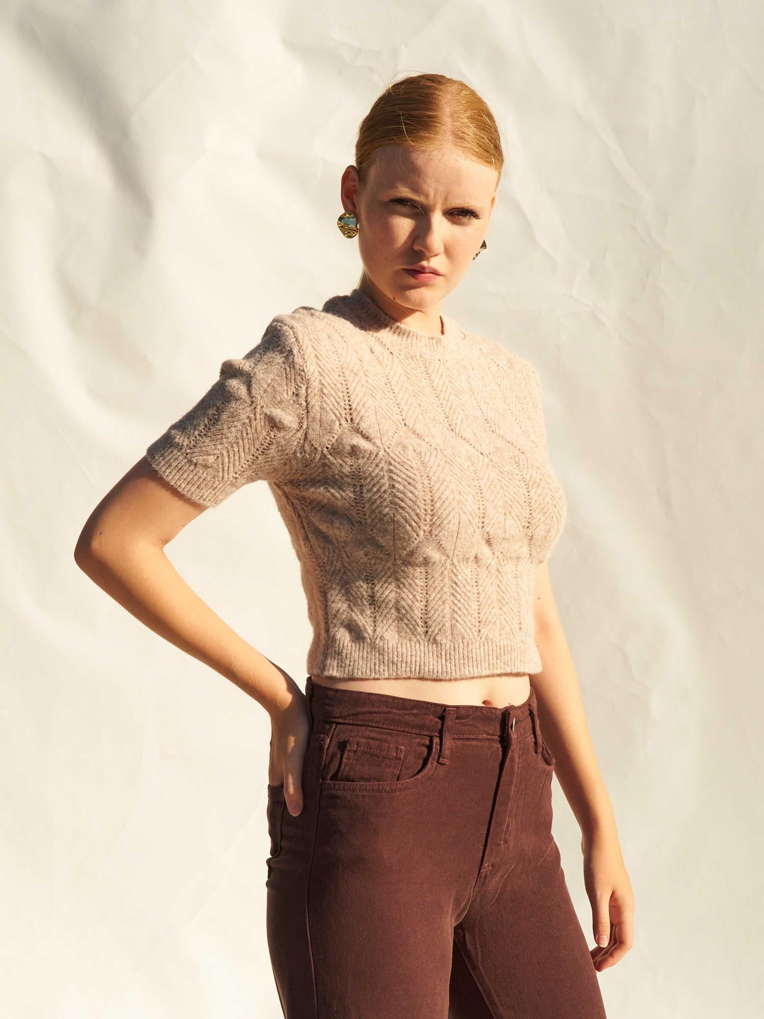 Crew Neck Short Sleeve Openwork Knit Sweater - Beige - Lefon - by Peralane