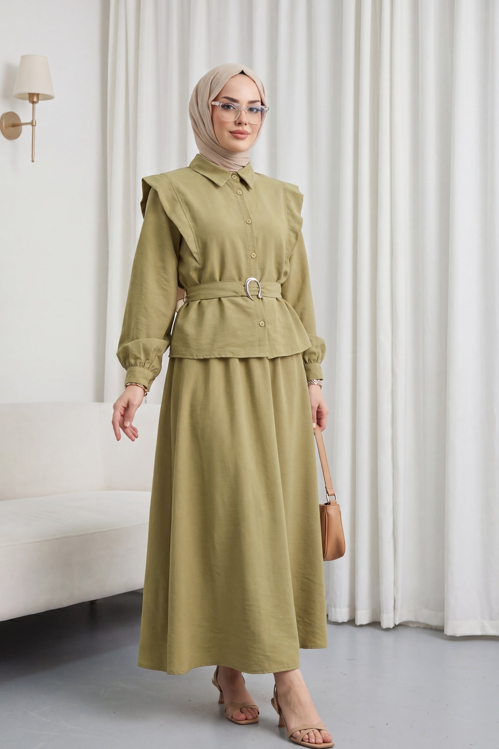 Women's Olive Green Two-Piece Set with Padded Shoulder Blouse and Elasticated Skirt - Podyumplus - by Peralane