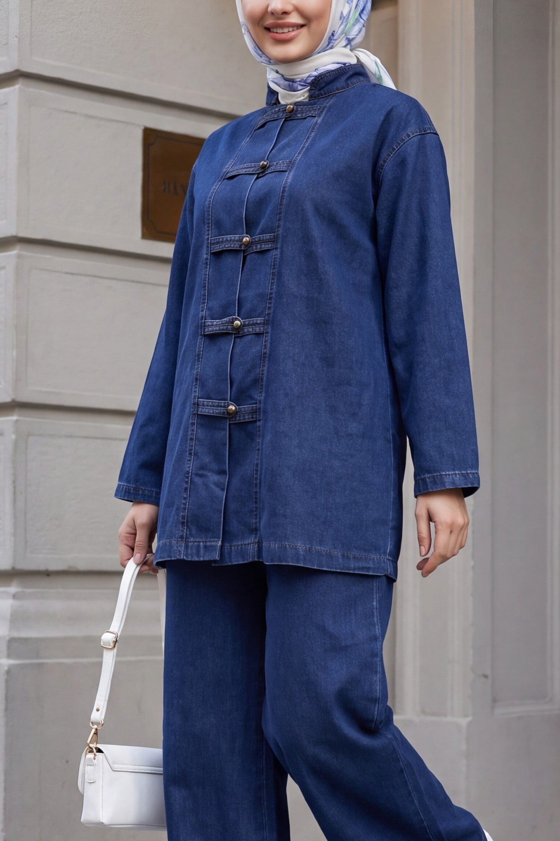 Indigo Denim Two-Piece Set with Mandarin Collar and Metal Buttons for Women - Podyumplus - by Peralane